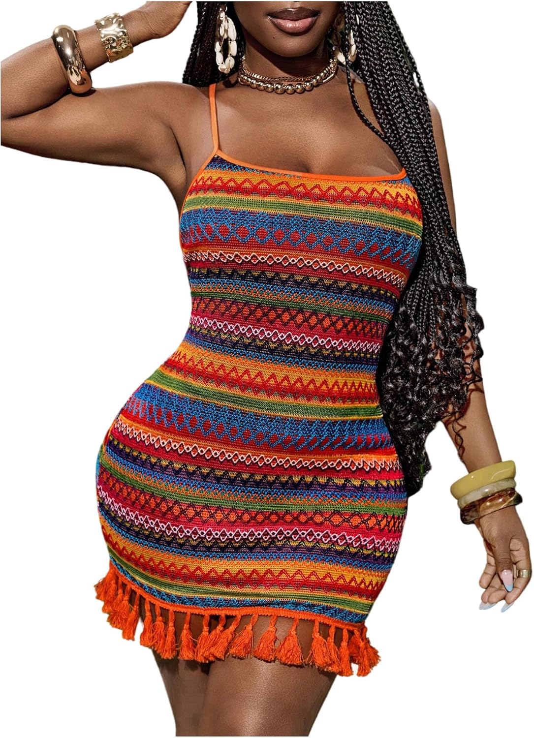 SweatyRocks Women's Plus Size Boho Striped Spaghetti Strap Mini Dress Rainbow Backless Tassel Knitted Dresses