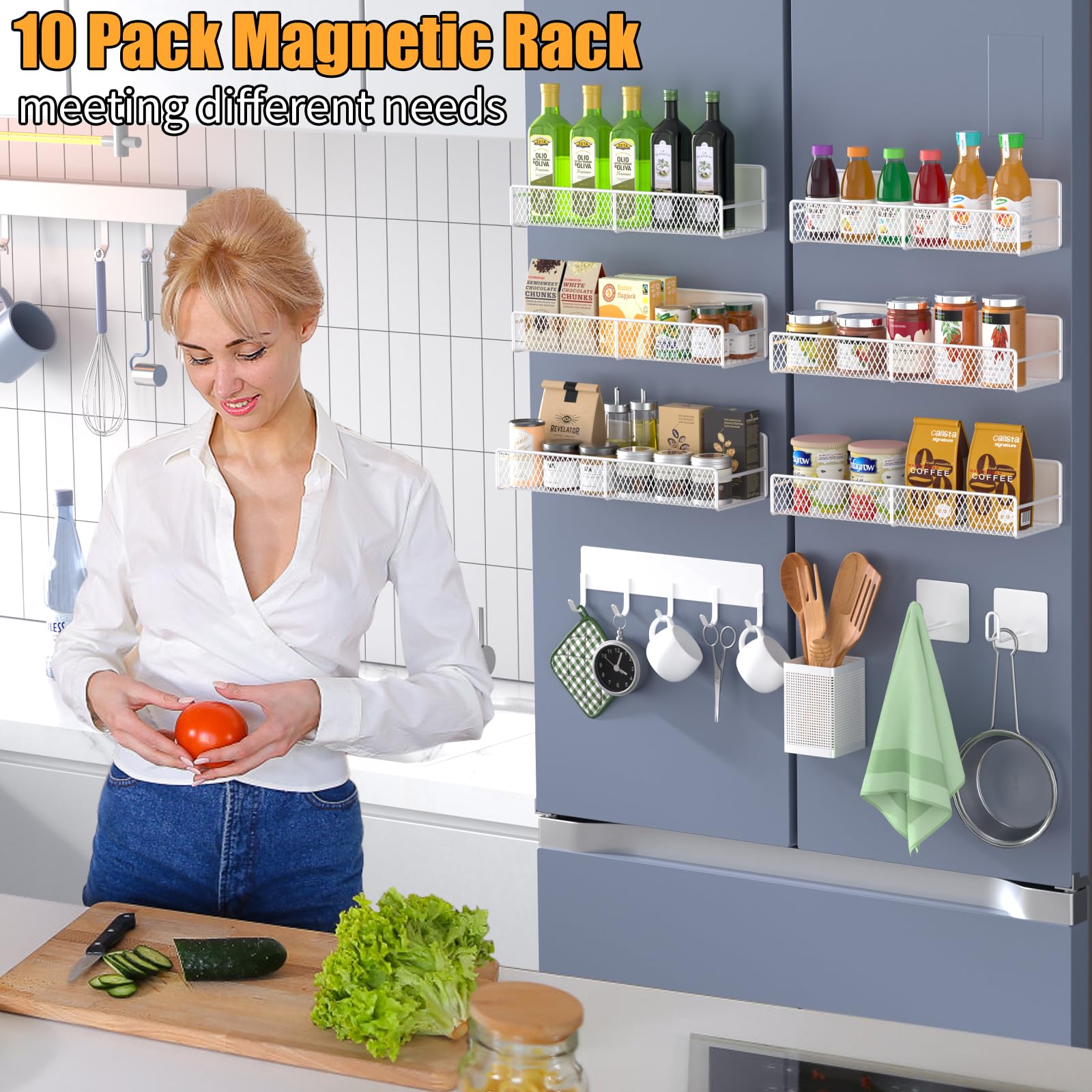 DTUQYX Magnetisches Gewürzregal für Kühlschrank, 10 Stück, Metall, magnetisches Regal, beweglicher Gewürz-Organizer mit Hakenleiste, Papierhandtuchhalter, Küchenutensilienhalter, starke magnetische