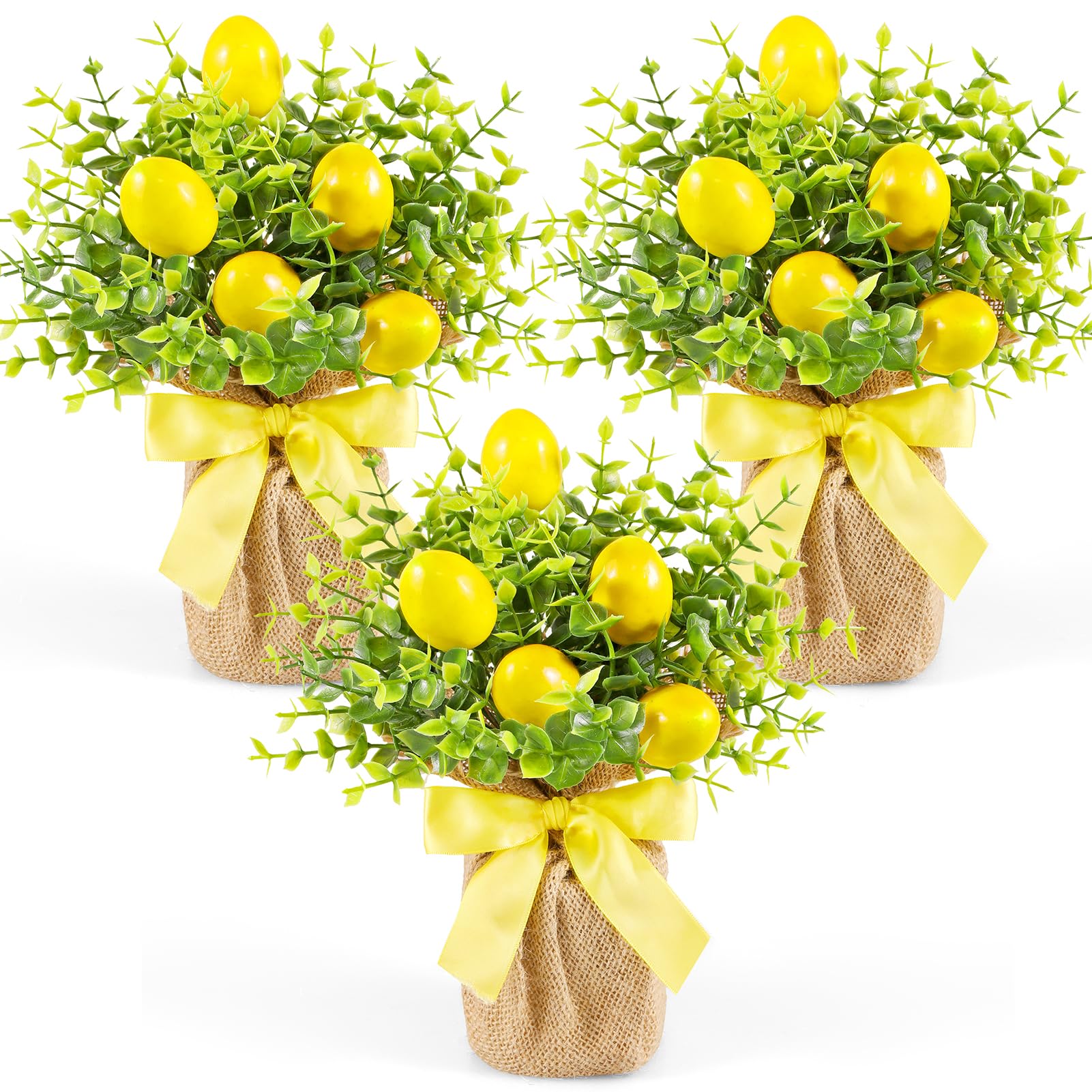 Dlerom 3 Pack Artificial Potted Lemon Flowers Plastic Faux Lemons in Small Burlap Bag Vases Fake Lemons Potted Plants for Spring Summer Home Farmhouse