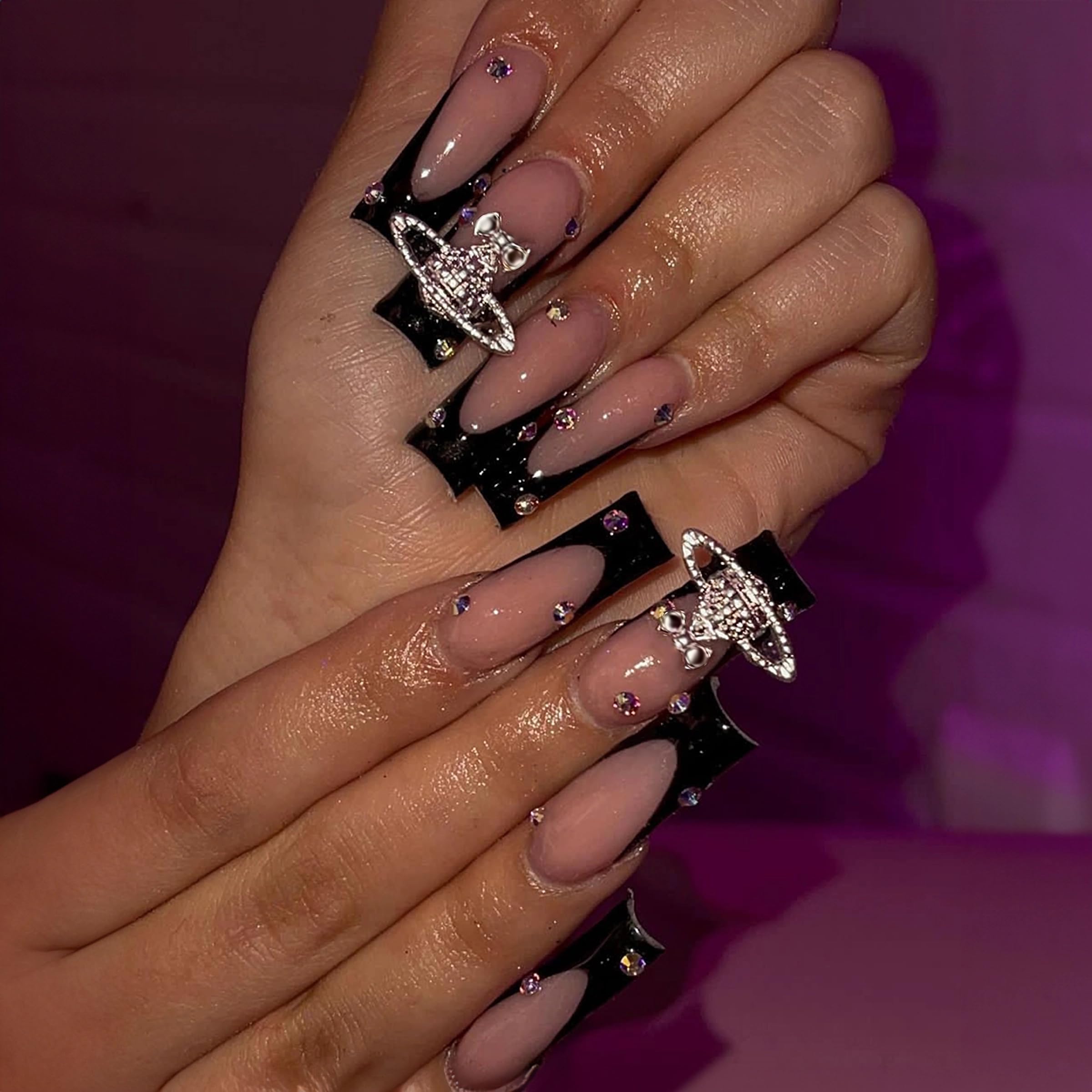 MERVF Long Square Press on Nails Black French Tip Fake Nails Goth Glue ons Full Cover Charms Rhinestones Design Acrylic Nails Glossy 24pcs