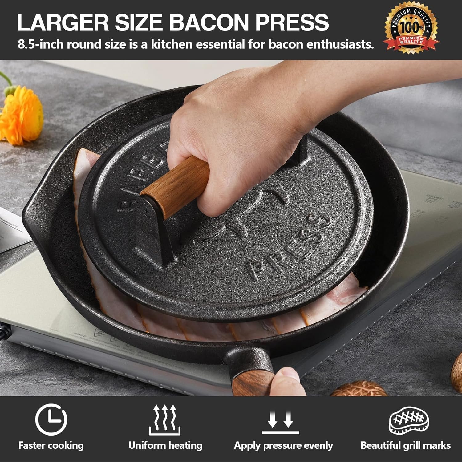 Hamburgerpresse, Steakpresse, Schweinekotelett, 17 cm, mit Holzgriff, schwere Presse, rund, für Hamburger, Panini, Steaks und Sandwiches, lebensmittelecht