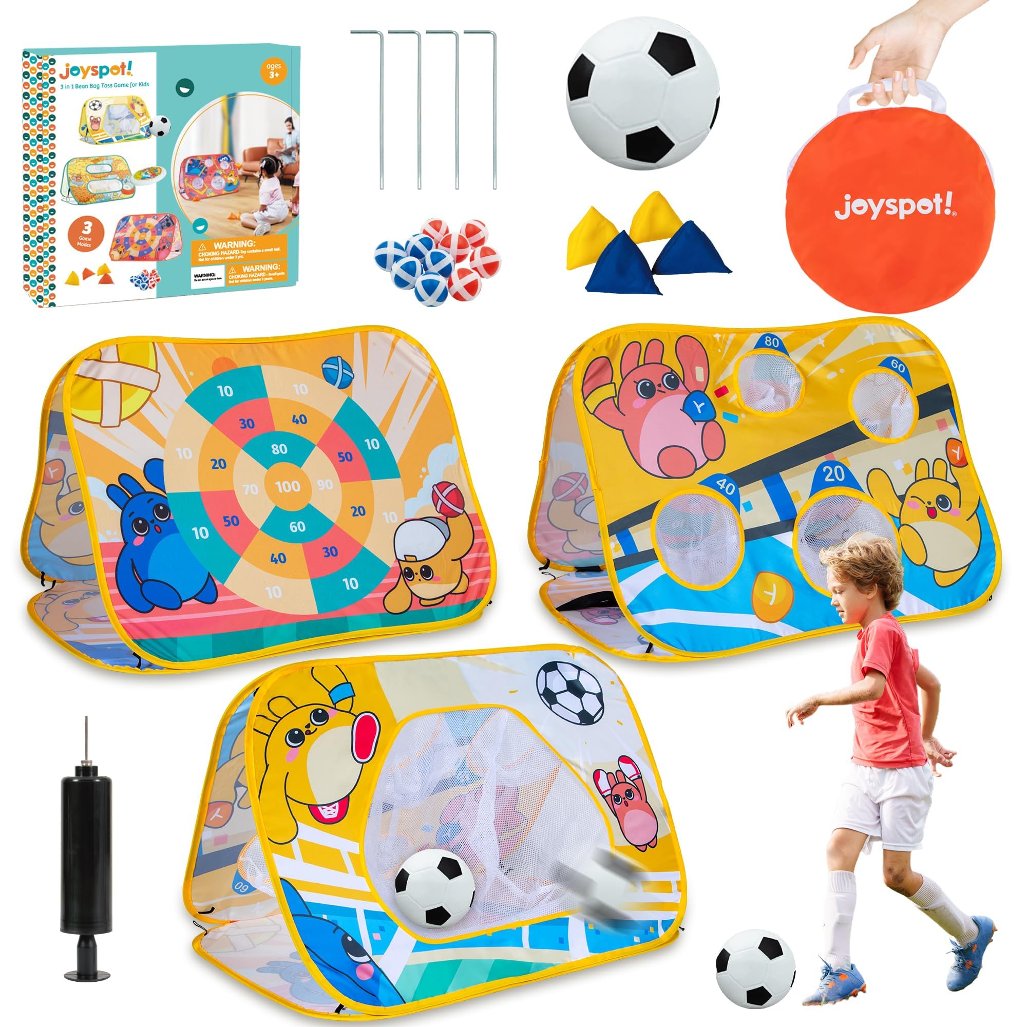 JOY SPOT! Outdoor Spiele für Kinder, XXL 3 in 1 Wurfspiel Dartscheibe für Kinder mit Fußball, Tic Tac Toe Spiel, Sitzsack, Klettbälle, Gartenspielzeug & Partyspiele für Jungen ab 4 5 6 7 8 Jahren