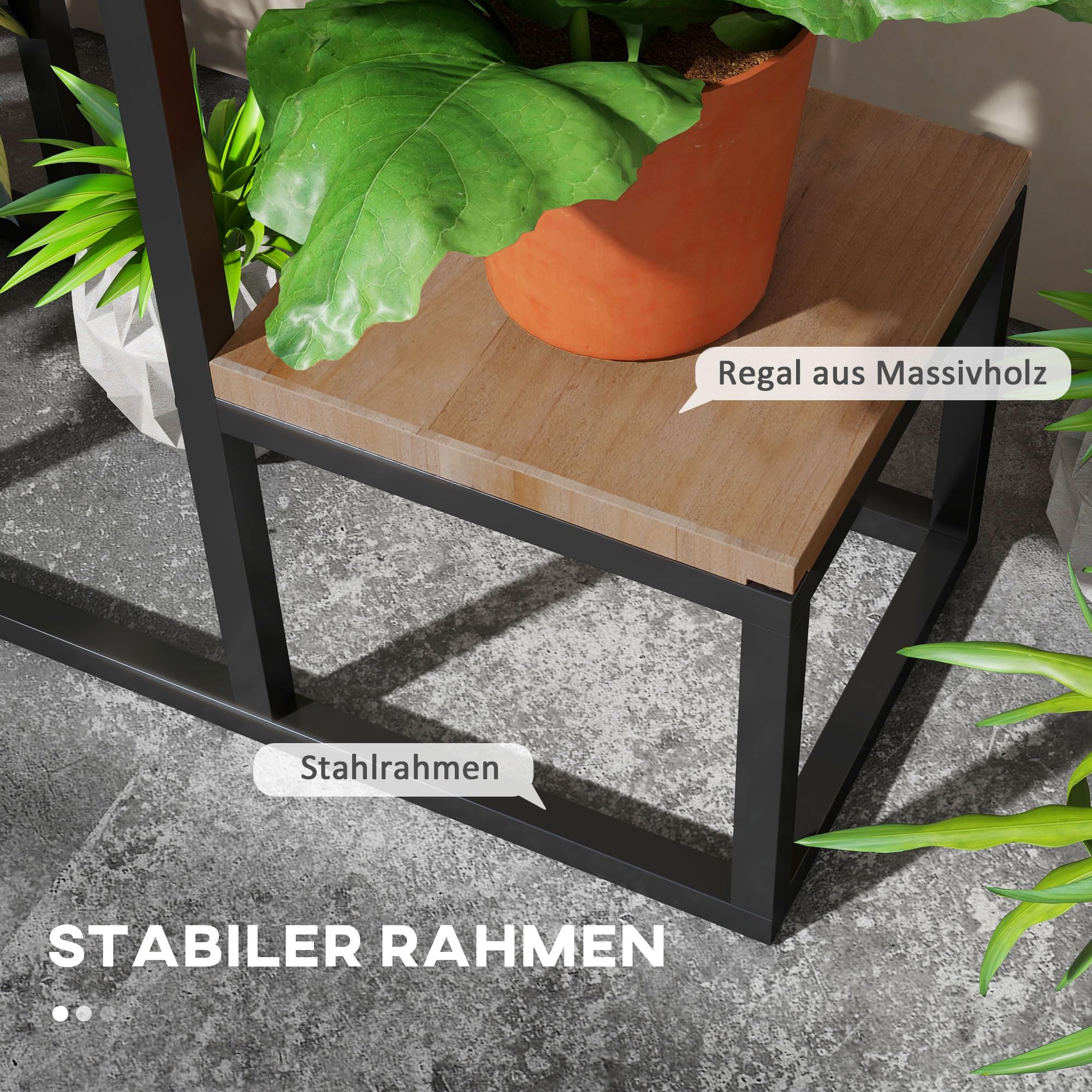 Outsunny Plantenrek, bloemenrek van metaal en hout, 4 niveaus, verschillende hoogtes, industriële stijl, 80 x 20 x 74 cm (l x b x h