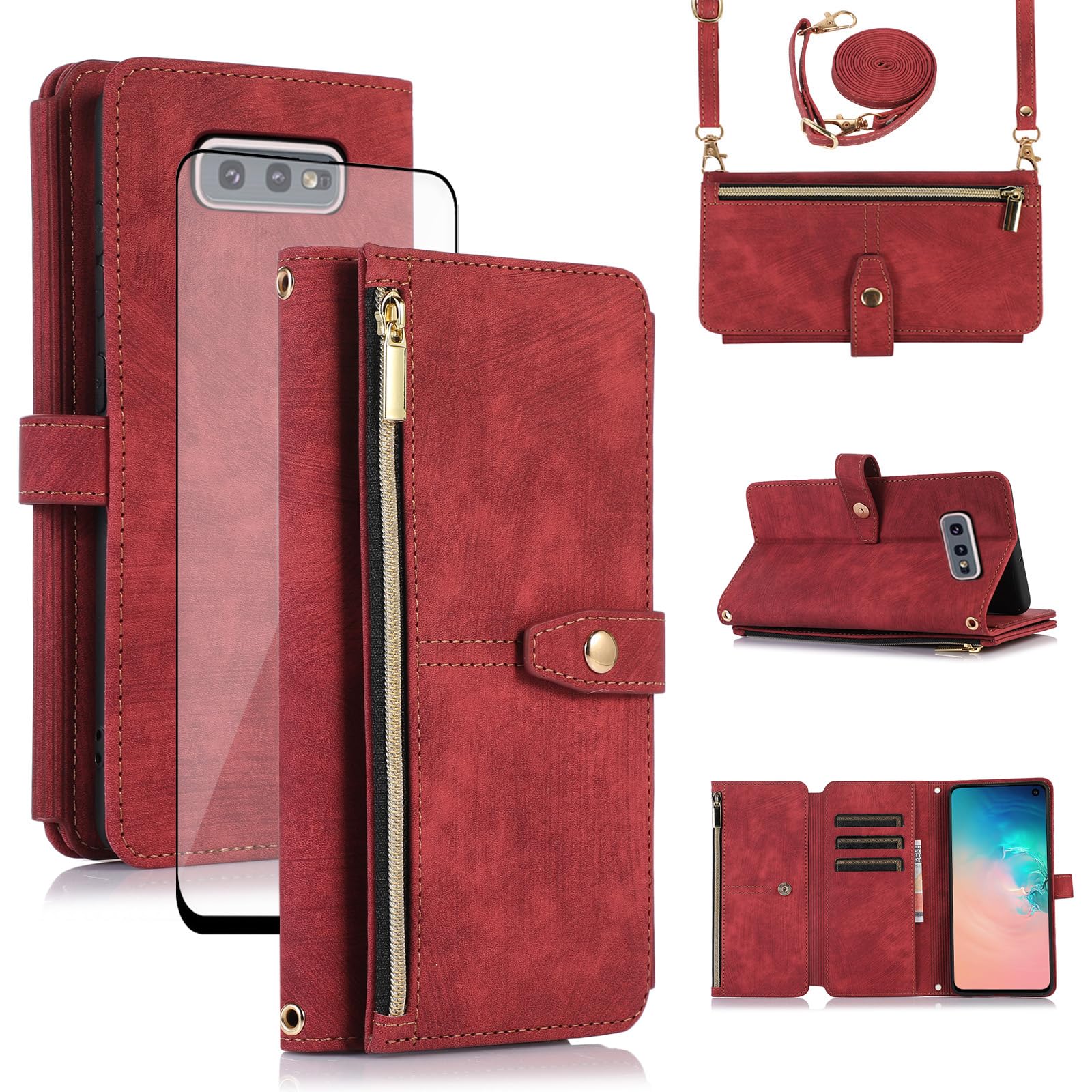 Asuwish Handyhülle für Samsung Galaxy S10e Hülle mit Band Folie Schutzfolie Kartenfach Klappbar Leder Geldbörse Ständer S 10e Handy Hüllen Schutzhülle Reißverschluss Handyhüllen Wallet Phone Case Rot