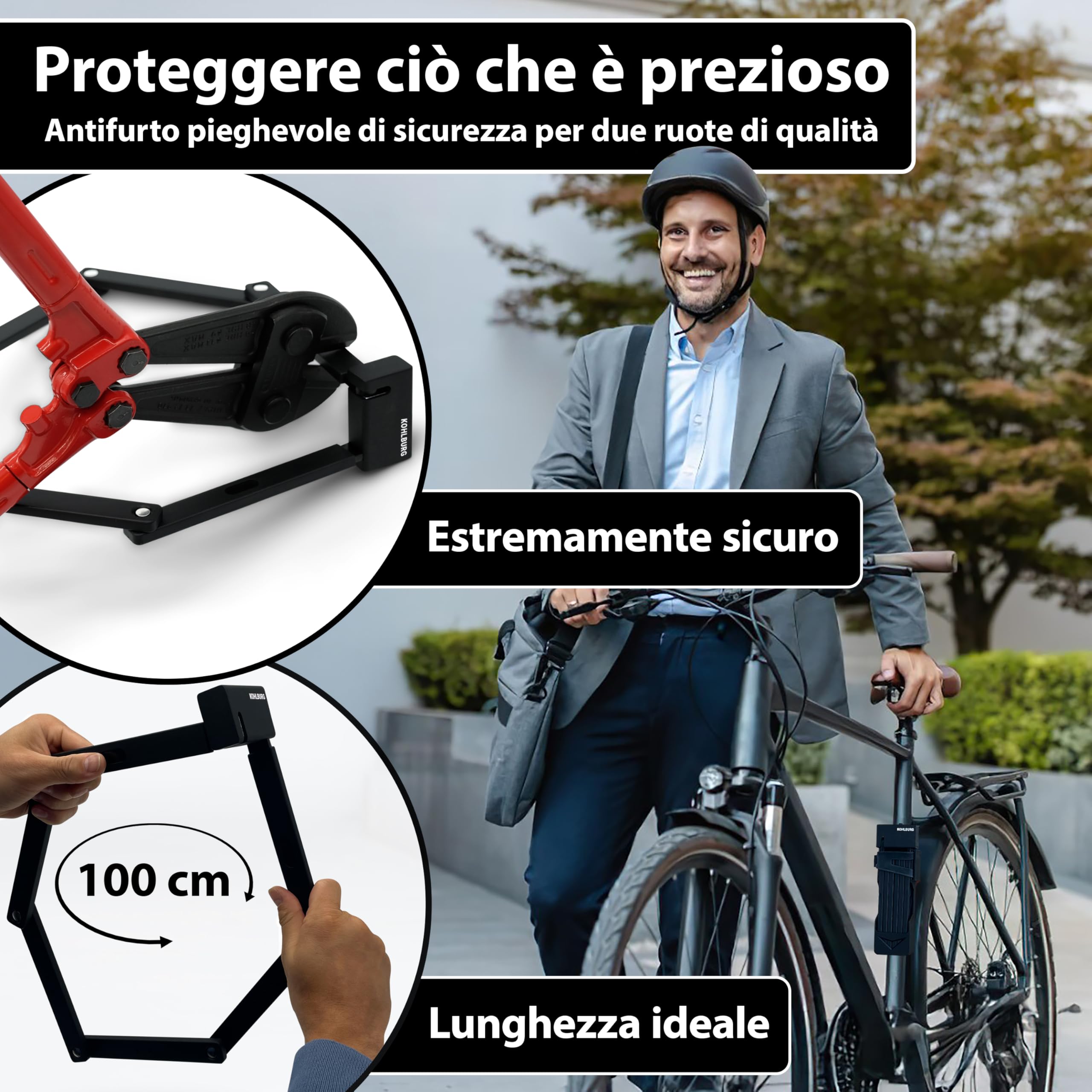 KOHLBURG Antifurto pieghevole di sicurezza [maglie spesse 9 mm, lunghezza 100 cm] Antifurto per bici con supporto & 4 chiavi, per monopattino elettrico, scooter, bicicletta elettrica, alta sicurezza