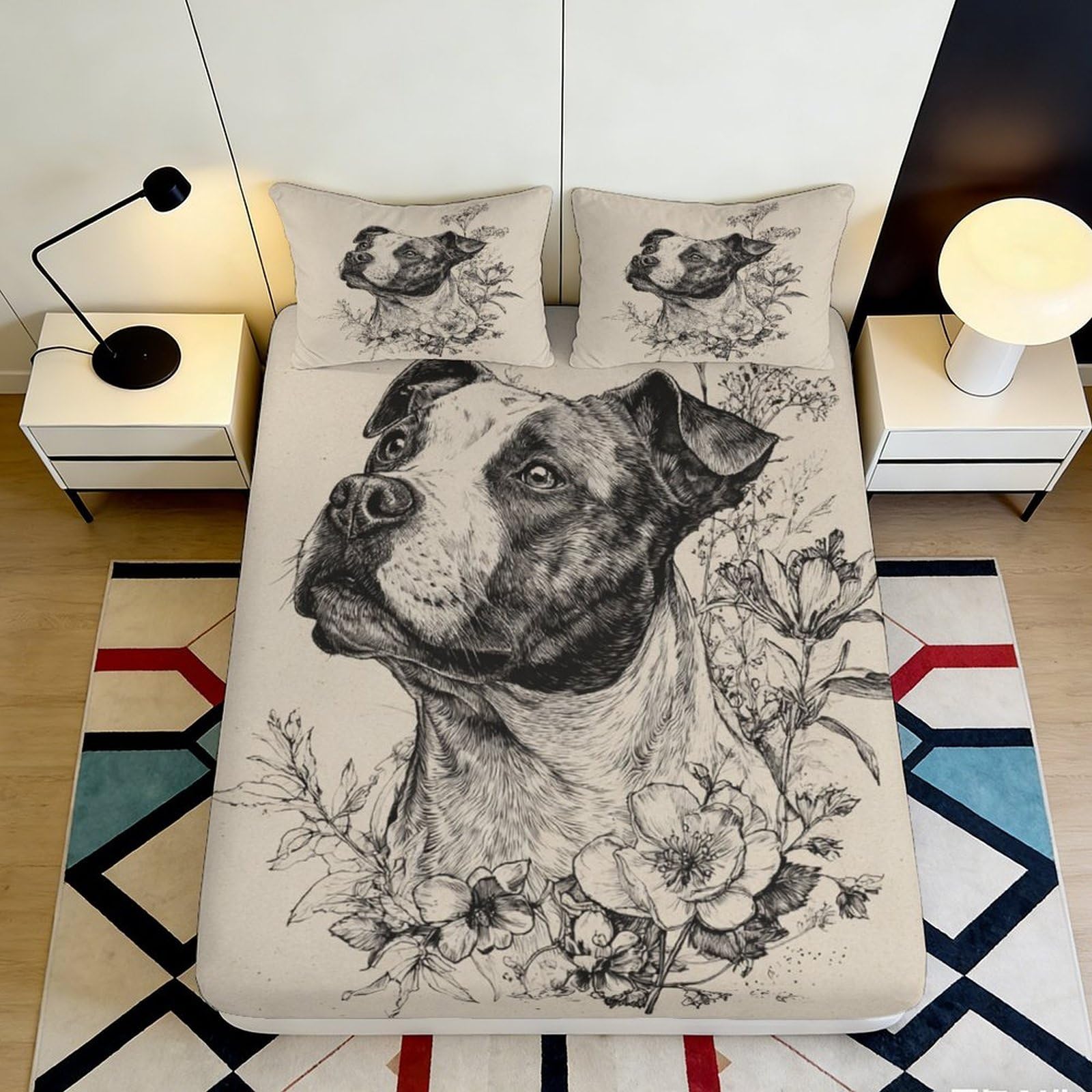 3D Printed Dog Portrait Fitted Sheet Microfiber Soft Durable Floral Bed Cover for Bedroom Dormitory Guest Room Mattress Protection Decor 160x200x25cm
