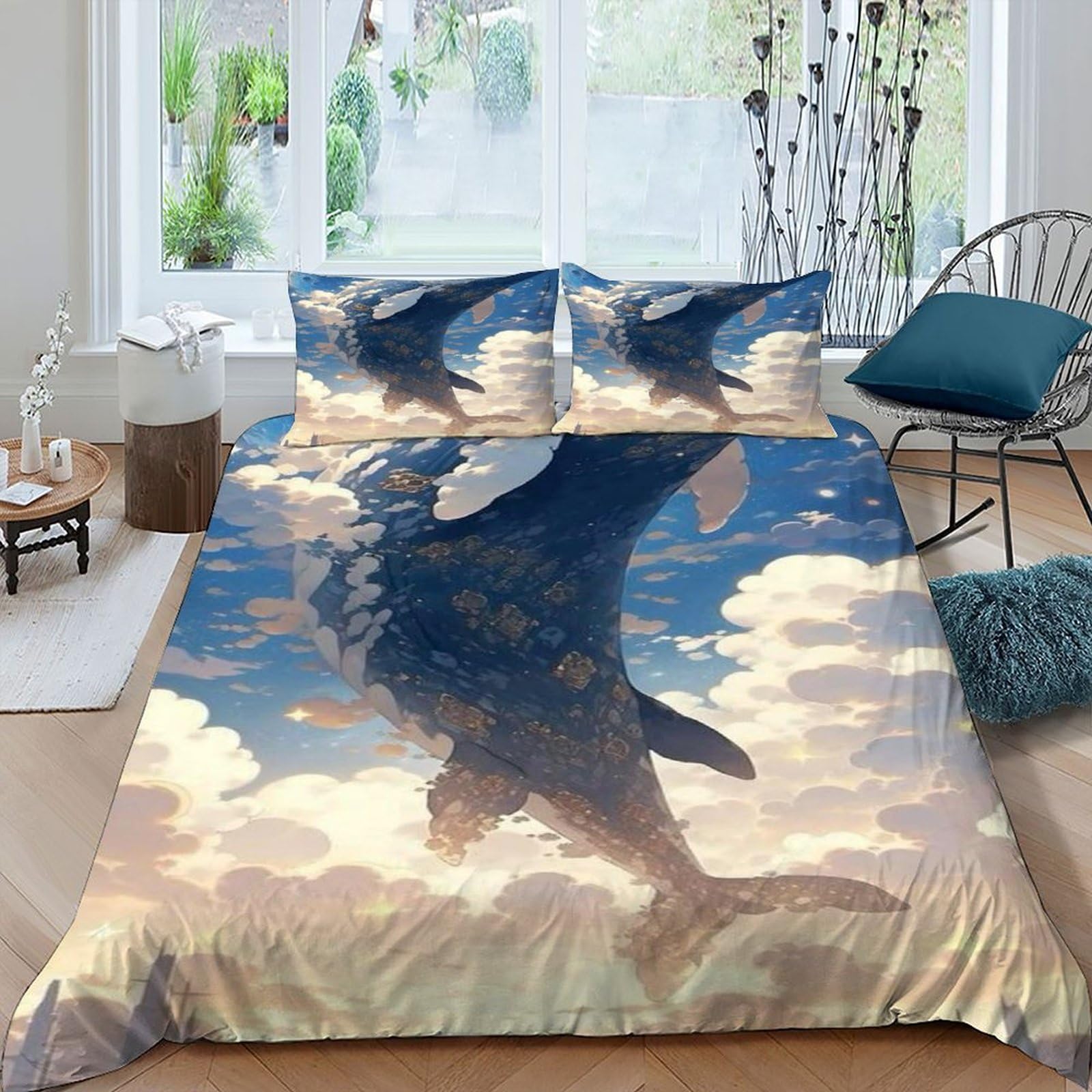 Parure de lit linge de lit microfibre 220x240cm avec motif nuages baleine