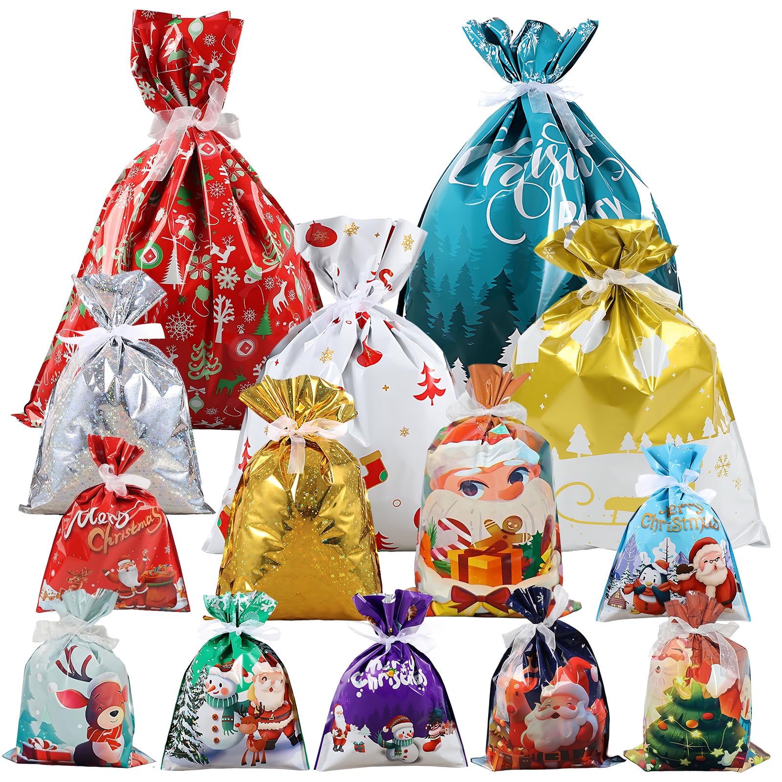 35PCS Christmas Wrapping Bags,Christmas Drawstring Gift Bags,X-Large Large Medium Small,Reusable,14 Design,for Xmas Party,Presents,Holiday