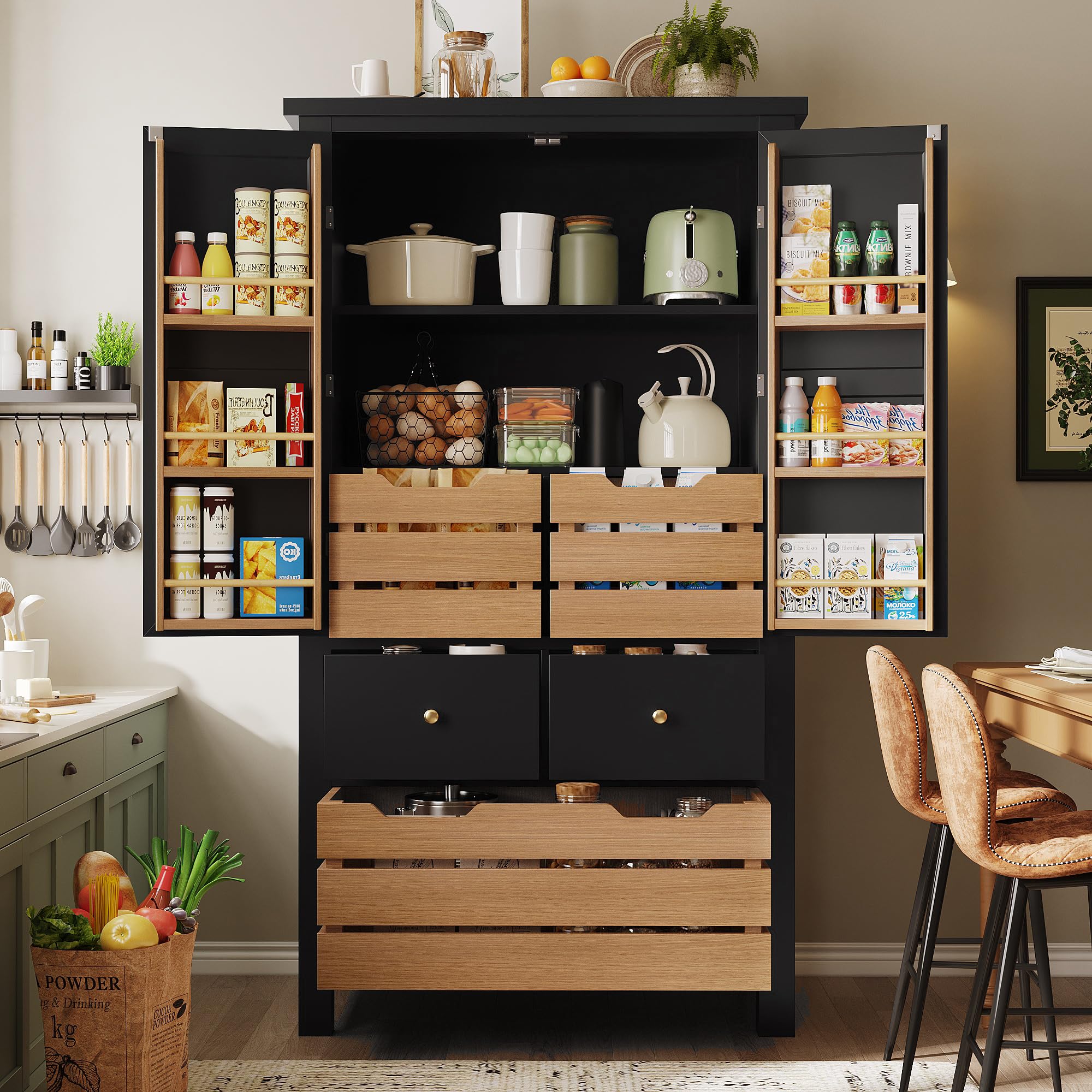 Kebnor Mobiletto da Cucina (80x40x140cm), credenza da cucina alta, credenza multiuso, mobiletto per snack, mobile di stoccaggio con due ante e cinque cassetti (nero)