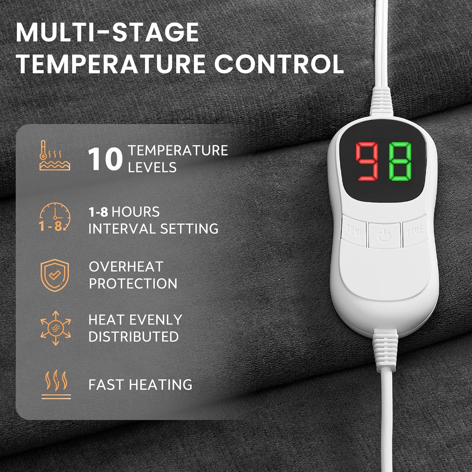 Heated Electric Blanket Shawl: Heating Throw Heated Poncho - Wearable Blanket Hoodie Wrap Sherpa with 10 Heat Levels & Multi Heating Time Settings (50x75'' Grey) - Image 3