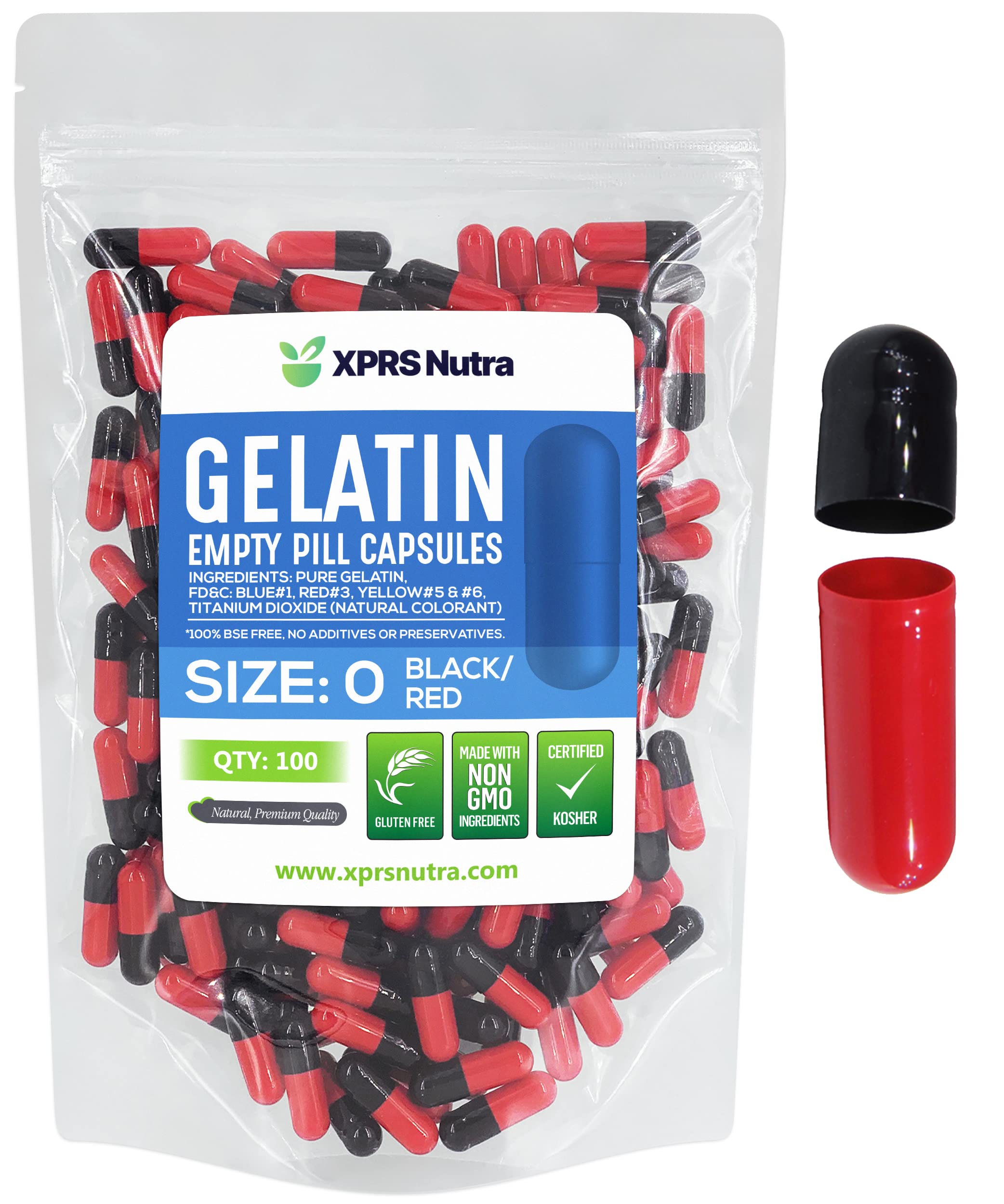 XPRS Nutra Size 0 Empty Capsules - 100 Count Empty Gelatin Capsules - Pills DIY Capsule Filling - Pure Bovine Pill Gel Caps for Do-It-Yourself Supplements (Black/Red) 100 Count (Pack of 1) Black / Red