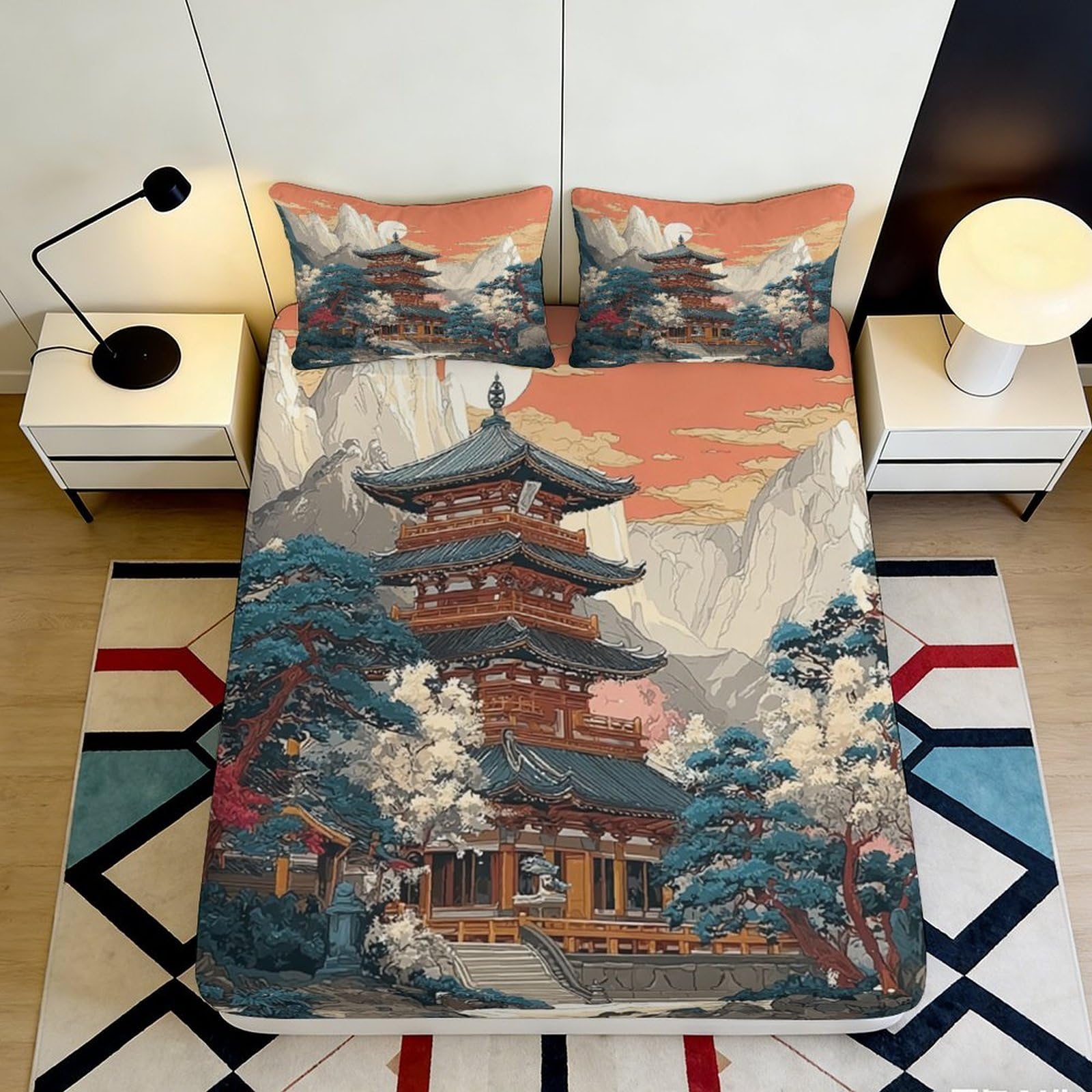 3D Printed Japanese Pagoda Fitted Sheet Microfiber Bed Cover Sakura Landscape Mattress Cover for Bedroom Decor Home Use 90x200x25cm
