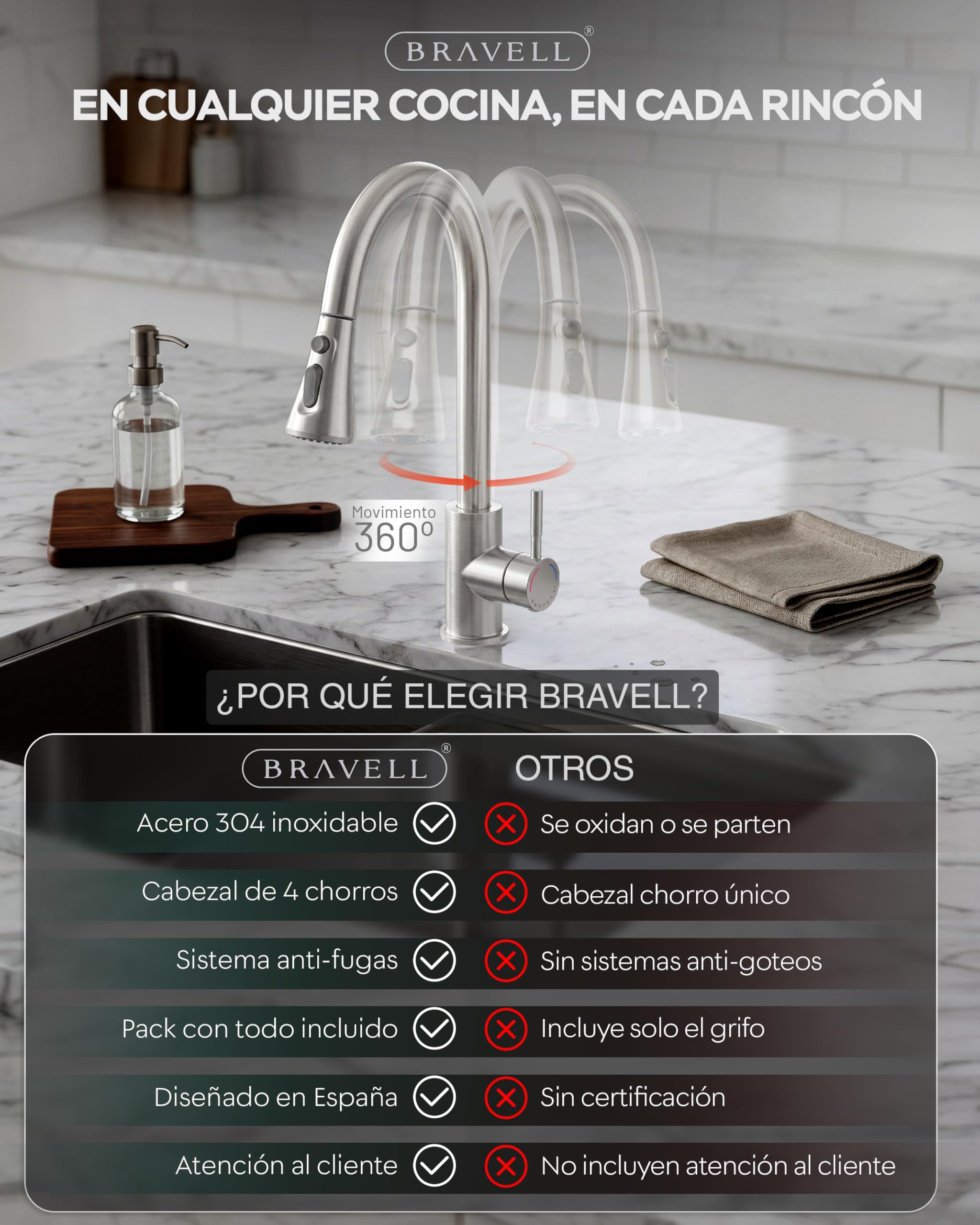 BRAVELL Grifo Cocina Extraible, Grifo Cocina Fregadero con 4 Modos Giratorio 360° Torneira Cozinha Monomando, Acero Inoxidable Mate, Latiguillos 3/8, Instalación Fácil y Completa (Acero mate 304 INOX)