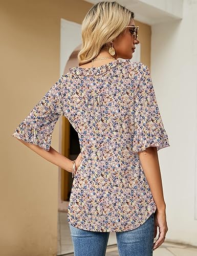 Miniatura 5 de Ivicoer Camisetas casuales con cuello en V para mujer, holgadas, para verano, otoño, mangas 34 acampanadas, tops, blusas túnica con volantes