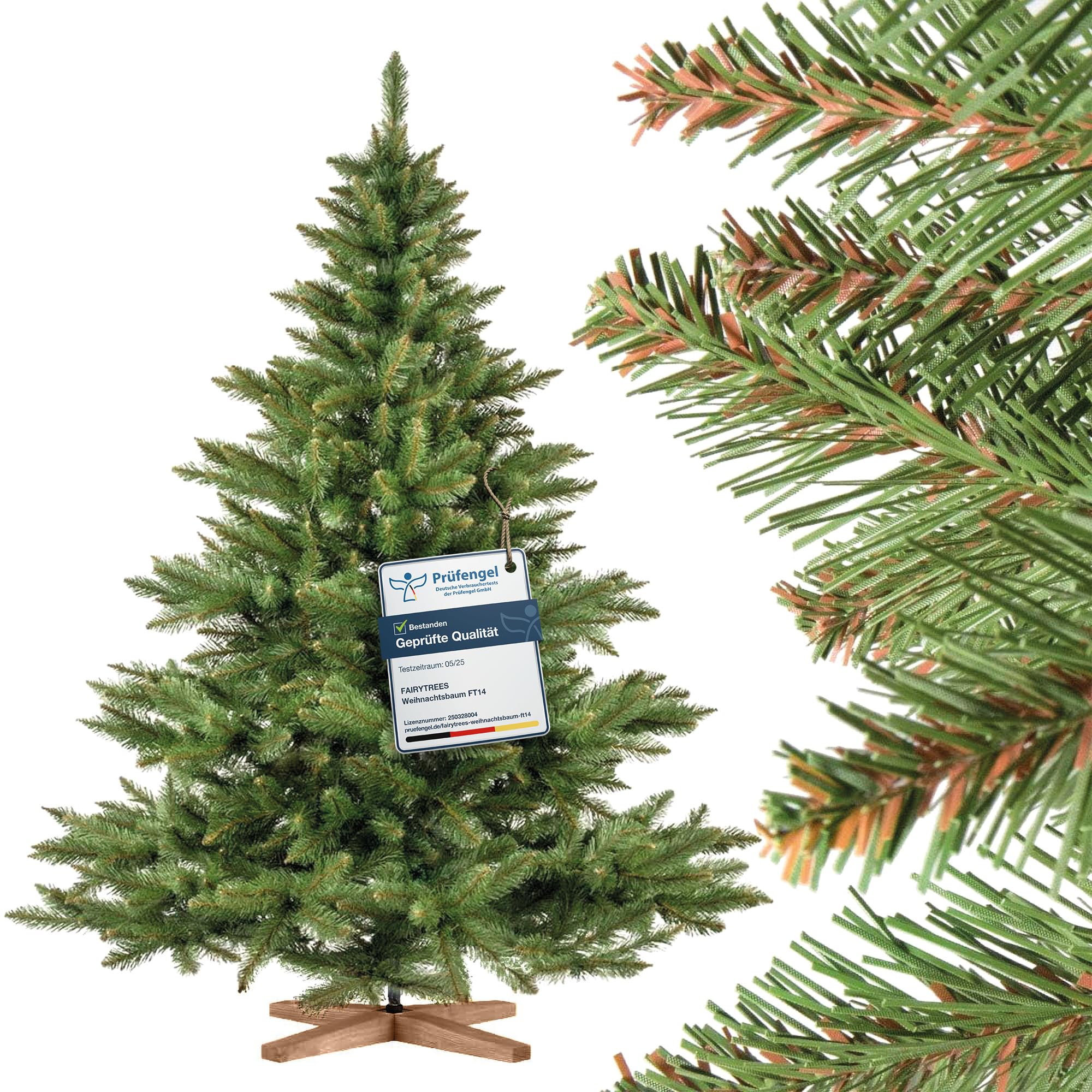 FairyTrees Weihnachtsbaum künstlich 180cm NORDMANNTANNE mit Christbaum Holzständer | TESTSIEGER Tannenbaum künstlich mit grünem Stamm | Made in EU