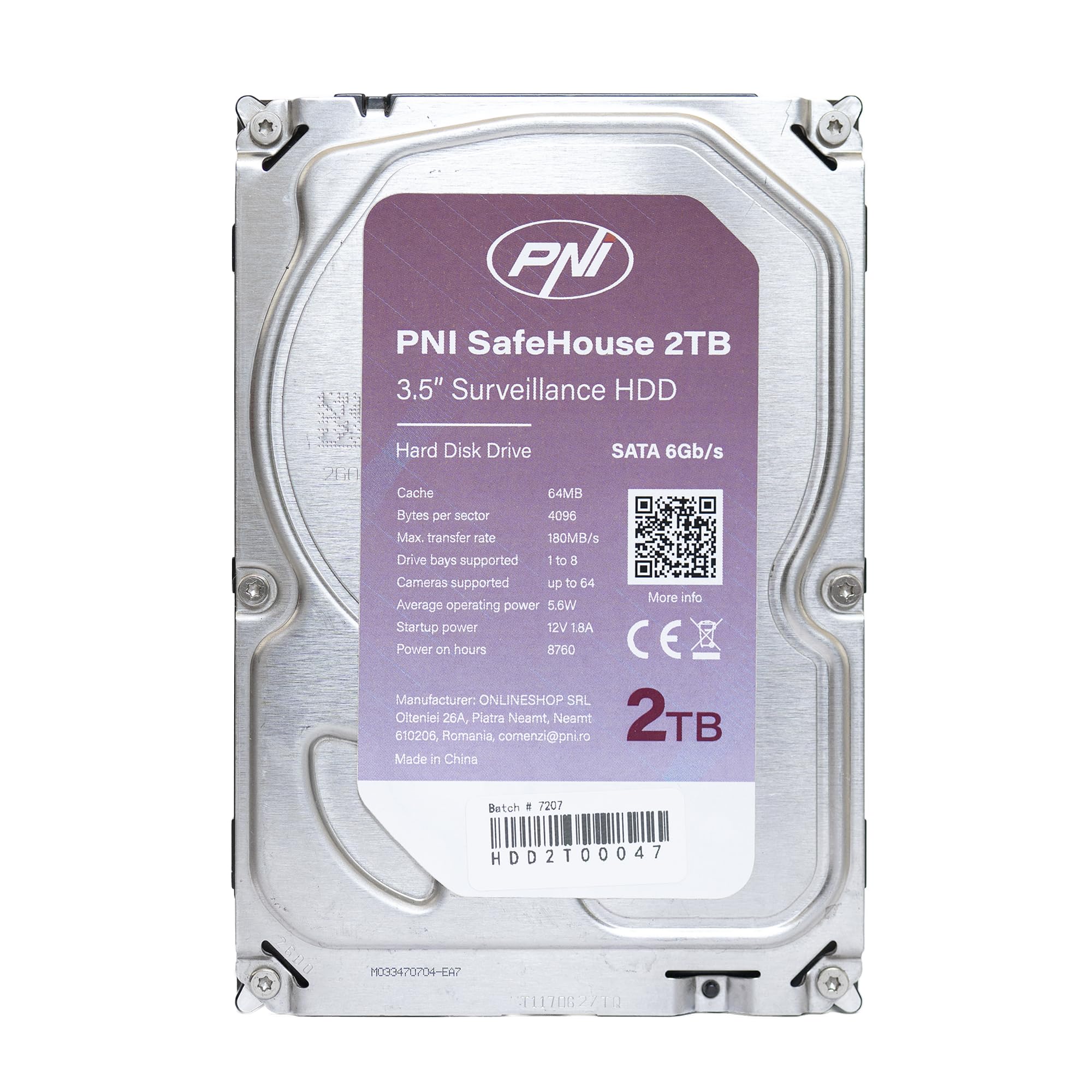 Disco Duro Interno PNI SafeHouse de 2 TB, 3,5", HDD, CCTV, 64 MB, SATA III, 7200 RPM para Sistemas de videovigilancia.