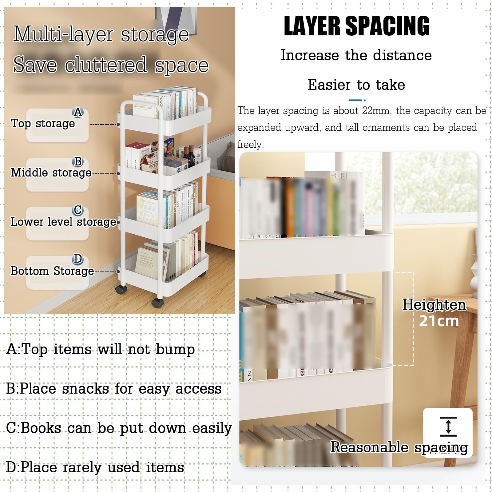 Carrello rotante per libreria, carrello multiuso su ruote con ruote bloccabili, carrello per cucina, ufficio, bagno e studio, soluzione versatile per scaffalature