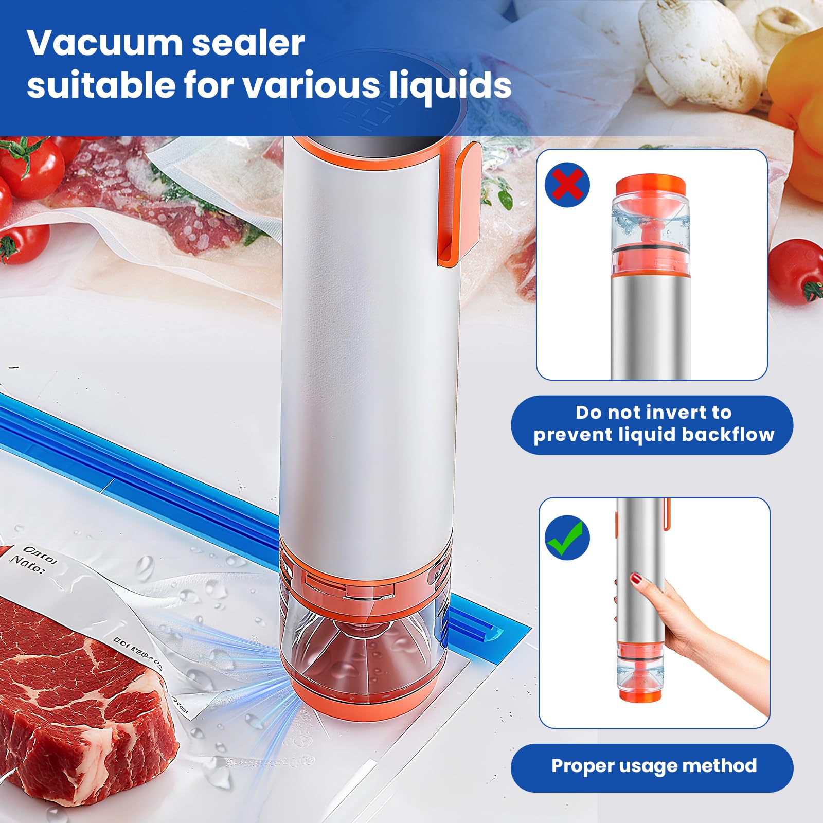 Sellador al vacío multifunción de mano para uso en cocina con bolsas de almacenamiento de alimentos al vacío, tarros de mason, conservadores de vino y pelotas deportivas inflables. Incluye 20 bolsas y