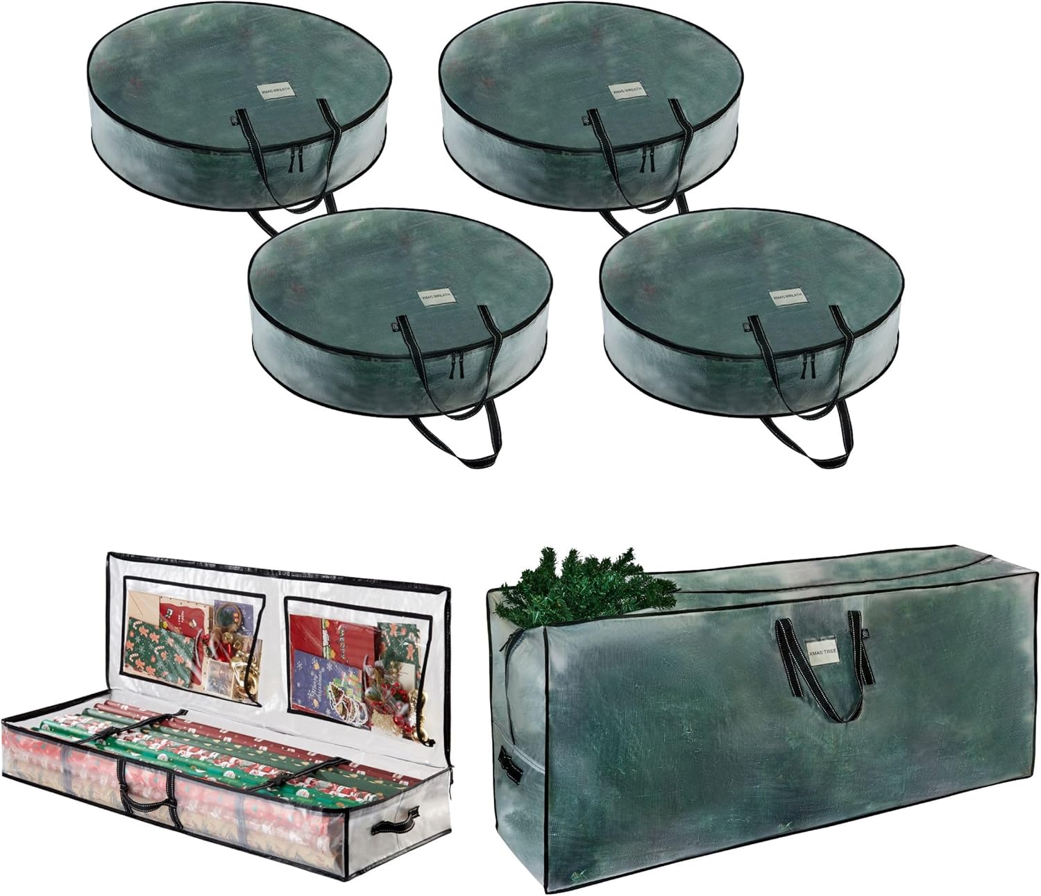 VENO 6 Pack Christmas Wreath, Tree and Wrapping Paper Storage Bags (4 Pack 30 Inch Wreath Bags, 1 Pack 9 ft Tree Storage, 1 Pack Gift Wrapping Paper Storage)
