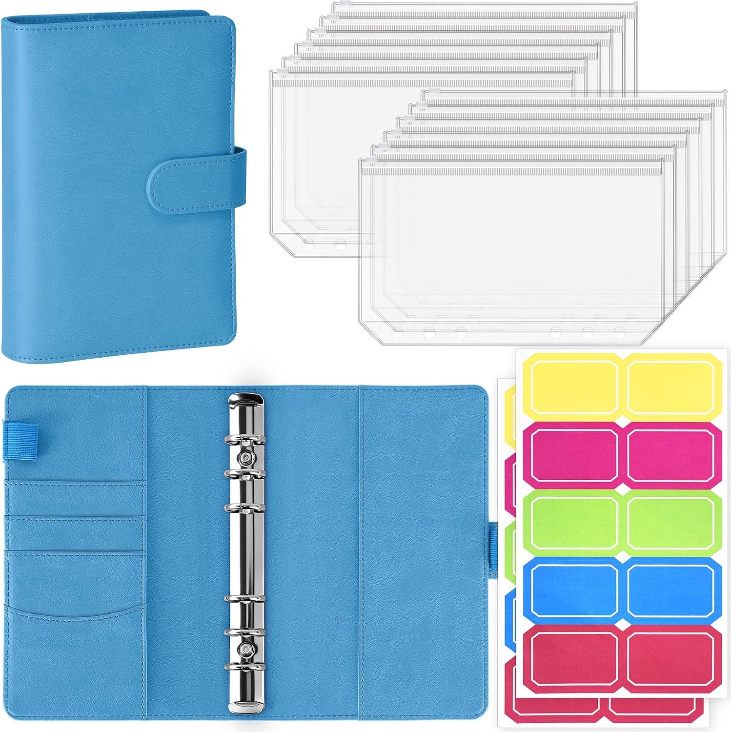 Antner A6 Budget Binder with Zipper Cash Envelopes for Money Organizer & Budgeting, PU Leather Budget Planner Money Saving Binder with Cash Stuffing Envelopes & Labels for Home Office Travel, Sky Blue