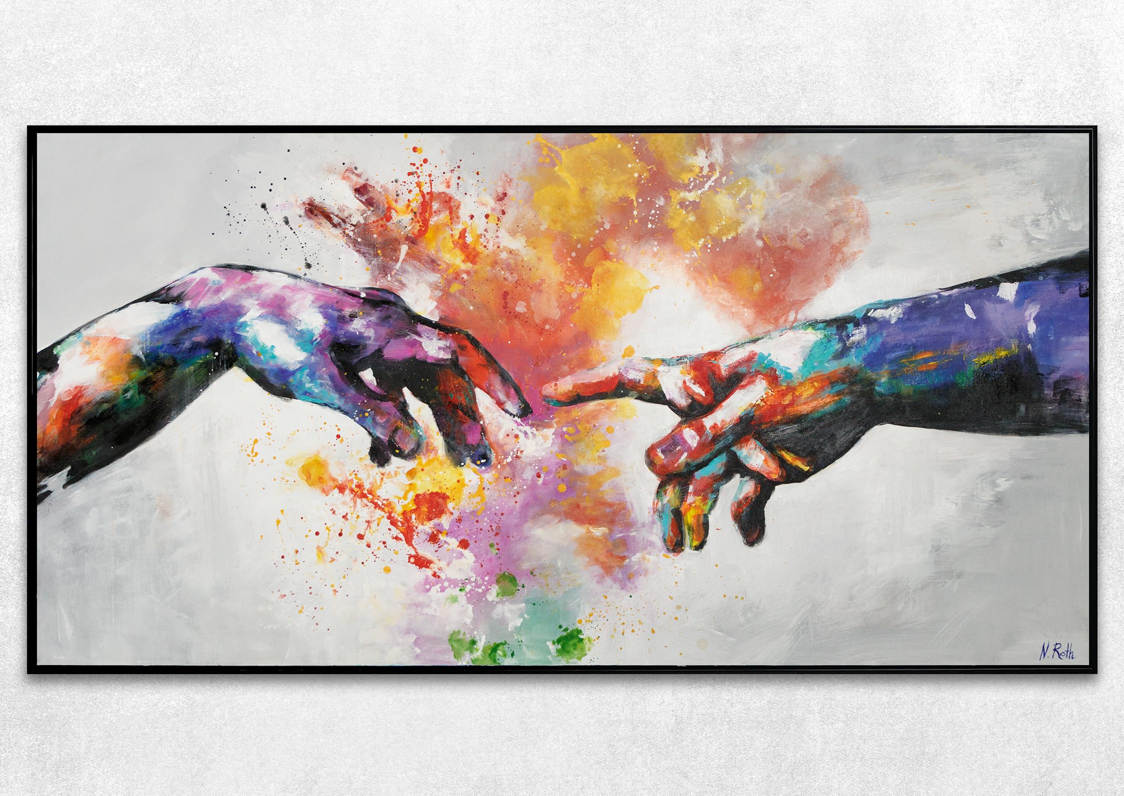 YS Tableau peinte à la main un motif enfantin Vol libre Art abstrait modern ballons colorés couleurs bleu et rouge Surface texturée 100x50 cm