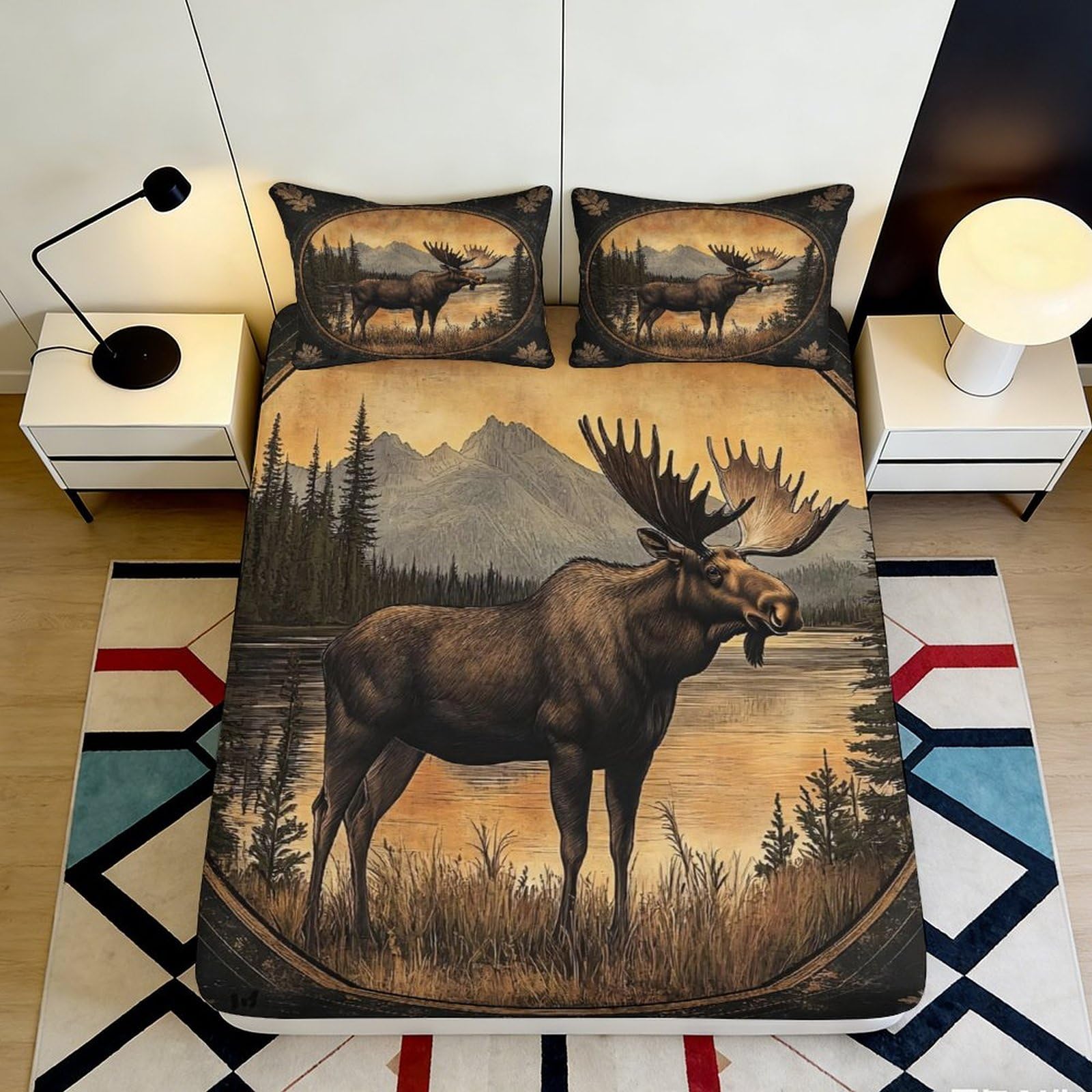 3D Printed Moose Forest Fitted Sheet Microfiber Non-Slip Bed Cover for Bedroom Guest Room Machine Washable 200x200x25cm