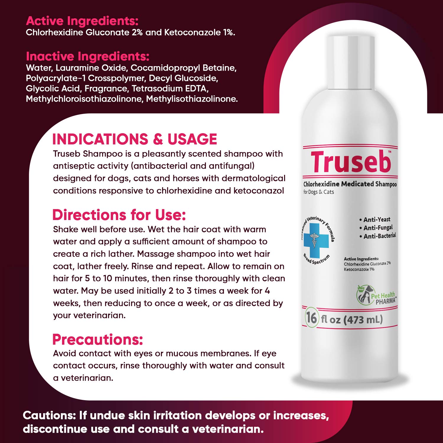 Truseb 1 Chlorhexidine Shampoo with Ketoconazole for Dogs, Cats and
