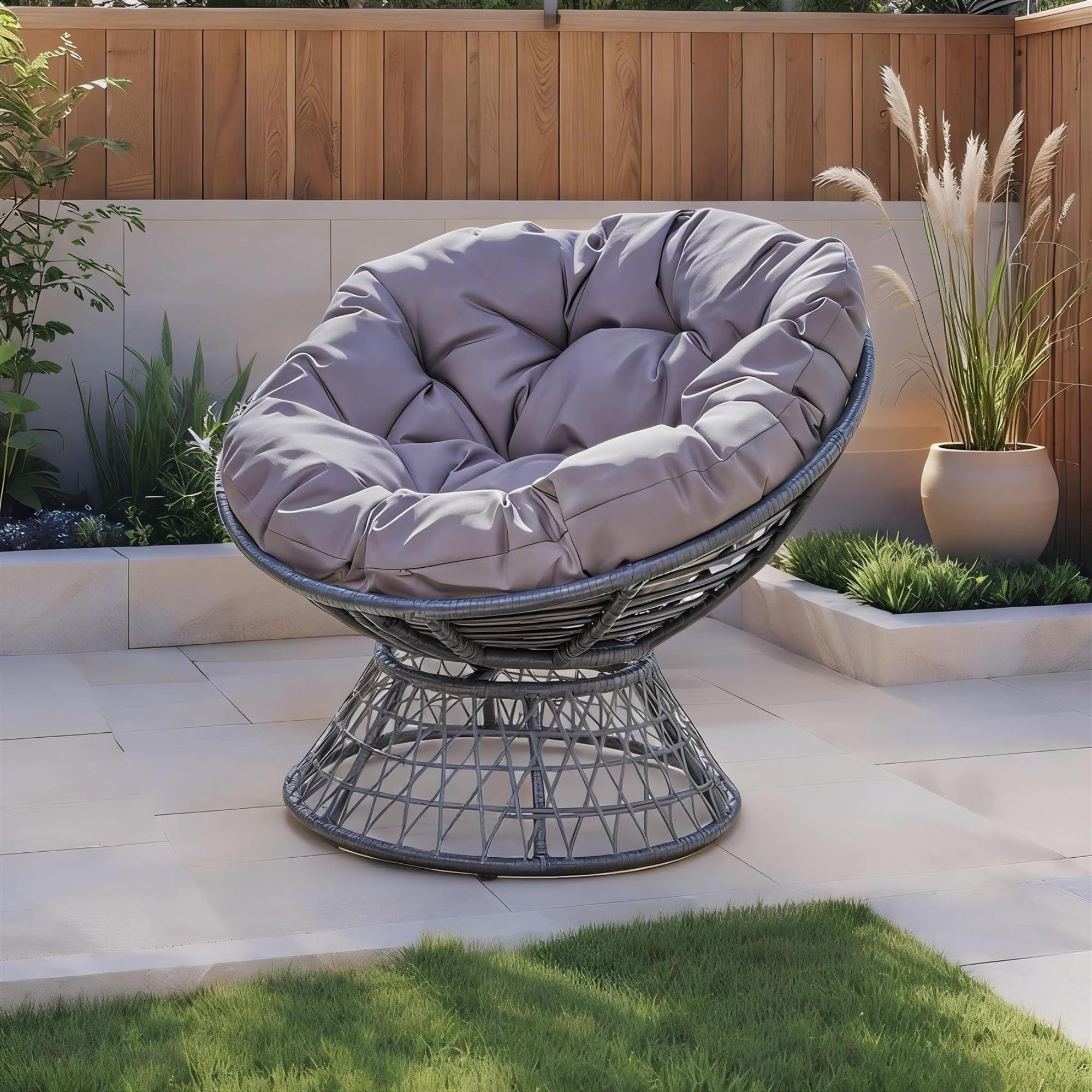 Home Source Oasis Nest Egg Chair – Dark Grey Rattan, Waterproof Cushion, Low Base | 92W x 92D x 80H cm | Indoor & Outdoor Chair