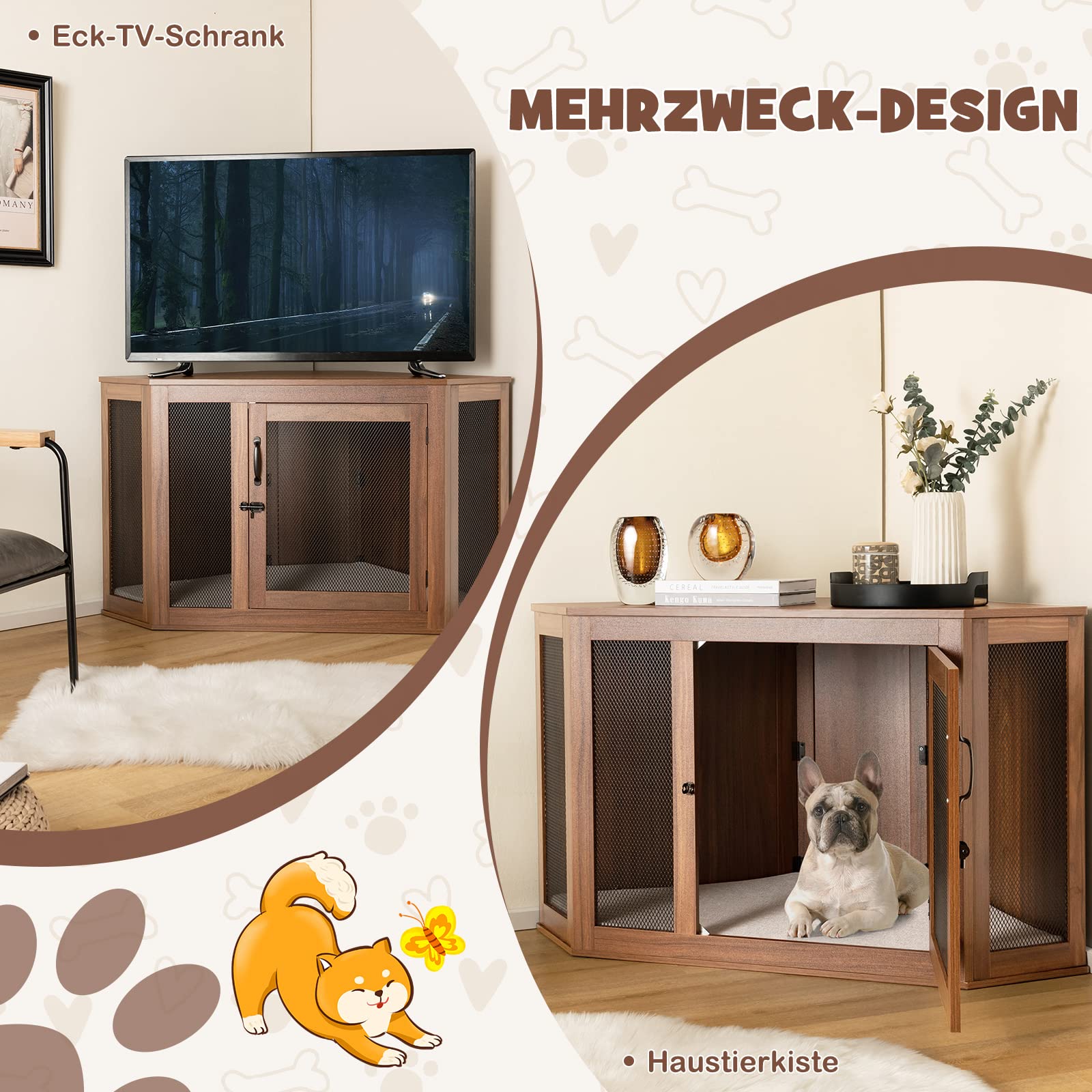 COSTWAY Hundehütte Eck, Hundebox mit Tür & Kissen, Haustierkiste Möbelstil für kleine Hunde Katze Haustier, Tierkäfig Hundekäfig Hundehaus Haustierhaus Zuhause Innen, Braun, 114 x 60 x 68 cm