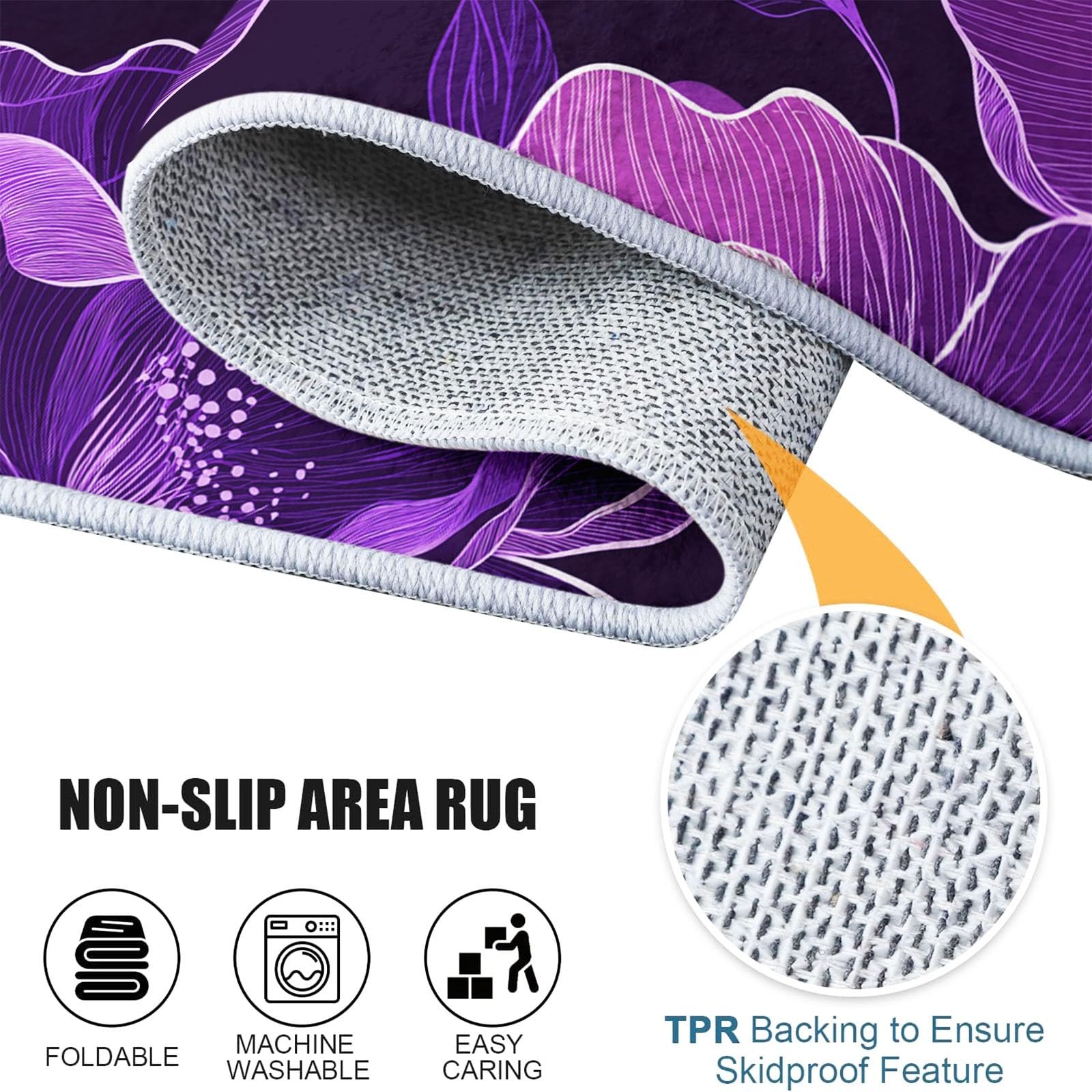 Tapis en Flanelle Douce 120 x 180 cm Un Parfum Floral Onirique Élégant Luxueux Tapis de Salon Moderne, Antidérapant et Lavable en Machine – Idéal Chambre – Poils Courts Facile à Nettoyer, Violet