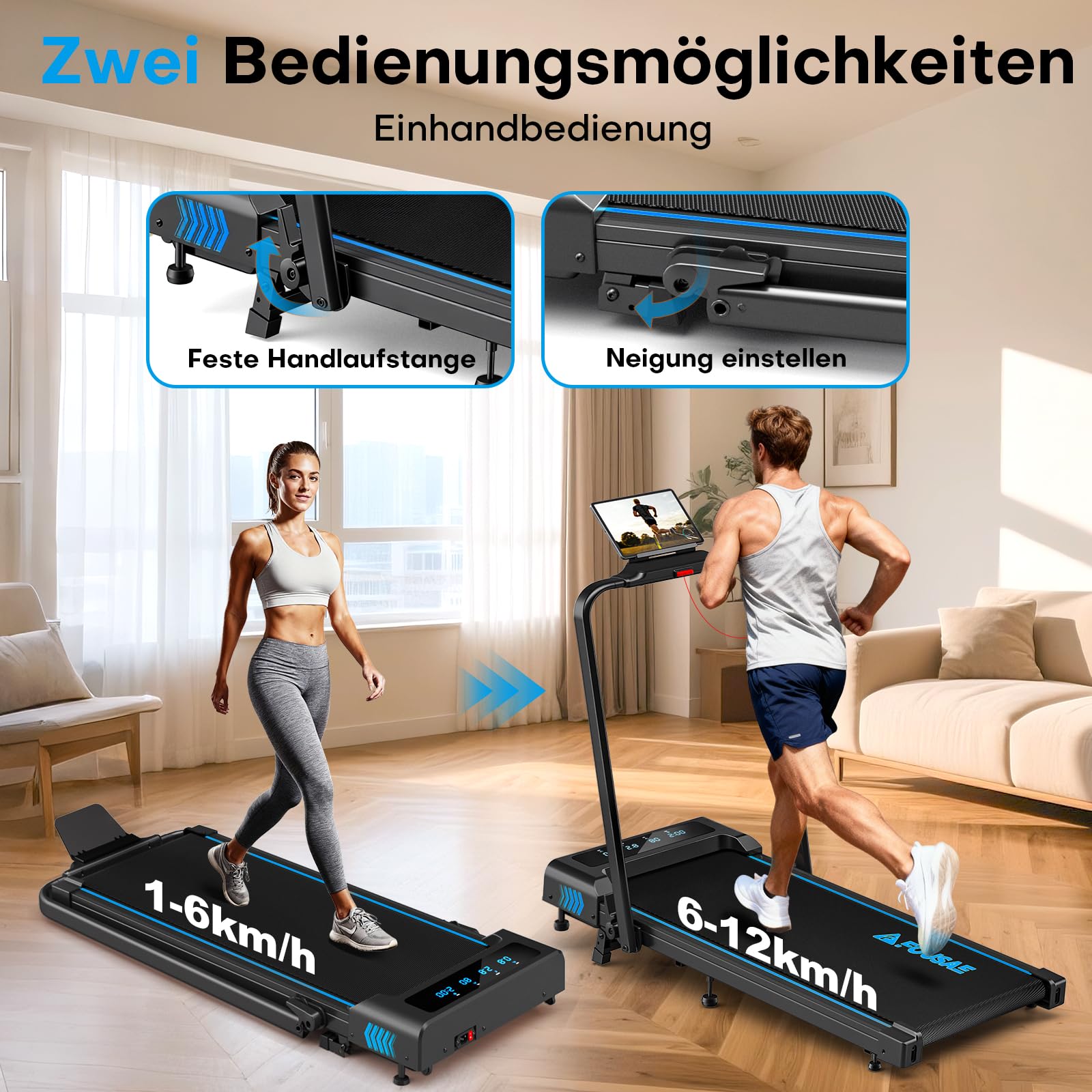 Laufband für Zuhause, 5 in 1 Walking Pad, 12km/h Klappbar Laufband mit 10% Steigung, 2.75HP bürstenlosem Motor Walking Machine mit LED-Anzeige, App-Kompatibilität, 12 Programmen, Doppeloperation