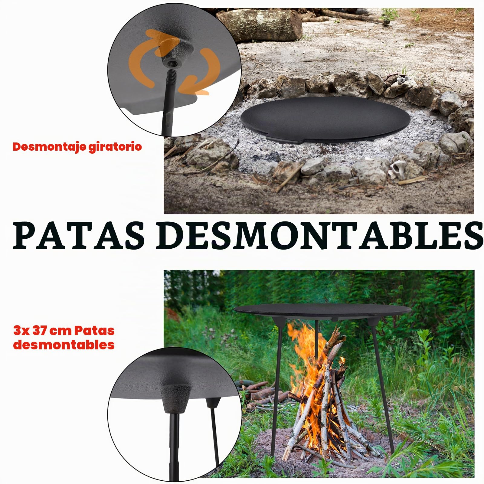 YUENFONG Sartén de hierro fundido con placa de parrilla de 3 patas Barbacoa de hierro fundido Ø 45 cm, Soporte para horno holandés Sartén de hierro fundido fácil limpieza, para jardín de camping