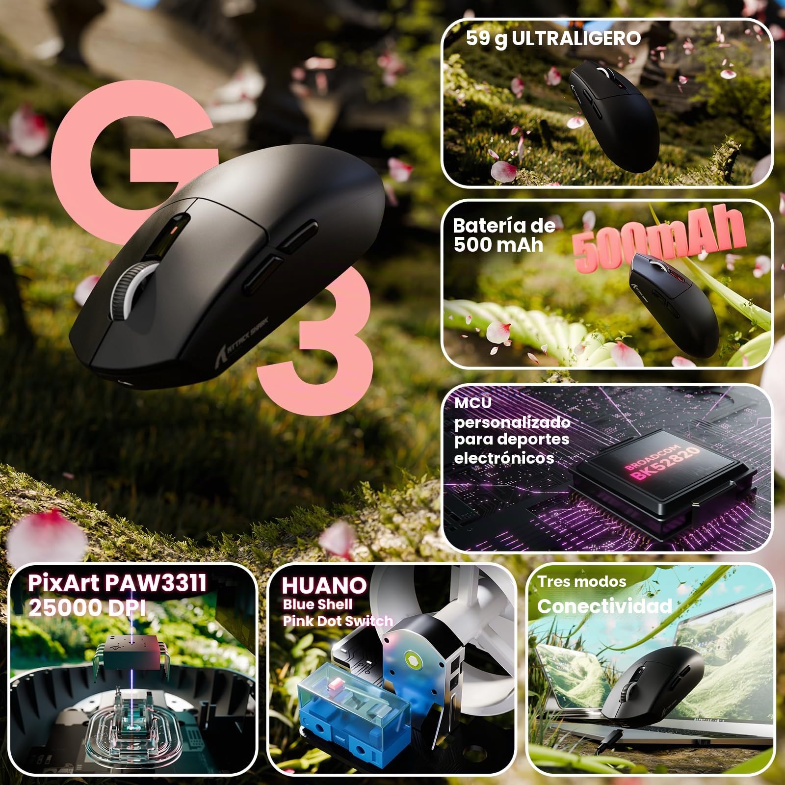 ATTACK SHARK G3 Ratón Gaming Inalámbrico, 25000 dpi, Sensor PixArt PAW3311, 59g Superlight, 80 Millones de Clics, Batería de 500mAh Ratón Gamer G305, Bluetooth/2.4G/Cableado, para PC/Mac, Negro