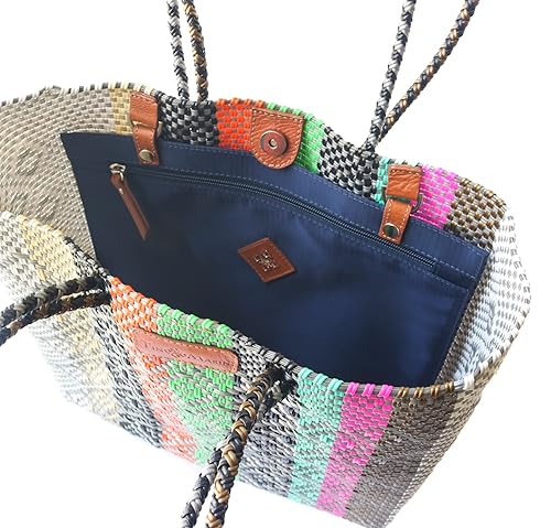 Miniatura 4 de Maya Woven Tote Bag, Multi-Color Beach Bag, Eco-Friendly Recycled Plastic Handbag, Water-Resistant, Handcrafted by Artisans – Spacious & Durable