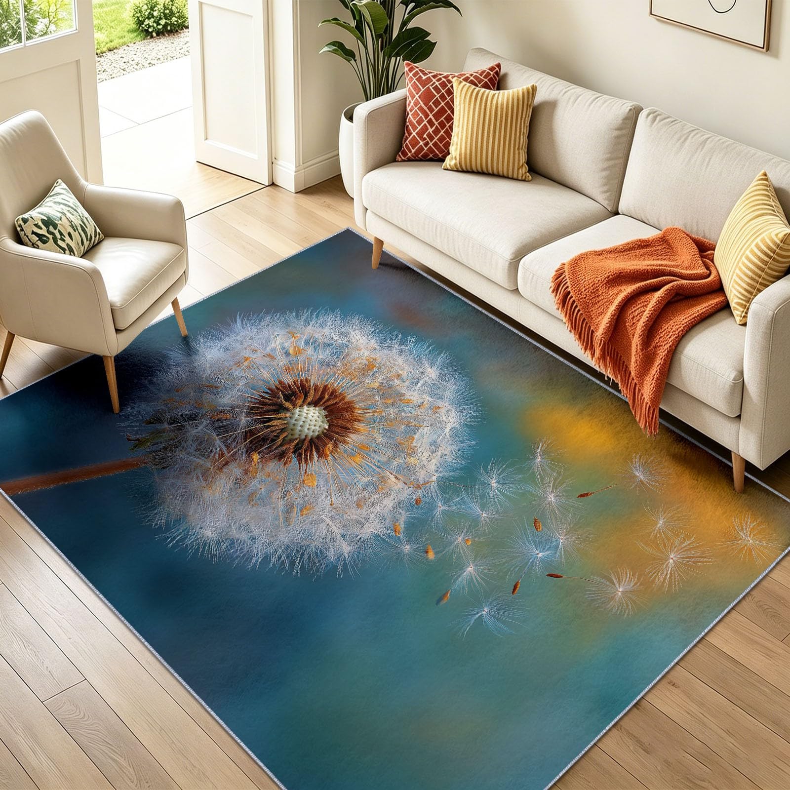 Générique Grand Tapis de Paysage Naturel Pissenlit pour Salon Chambre à Coucher, Motif Floral Feuille, Tapis de Antidérapant Lavable pour Salle à Manger Couloir Bureau Décoration, 160 x 230 cm