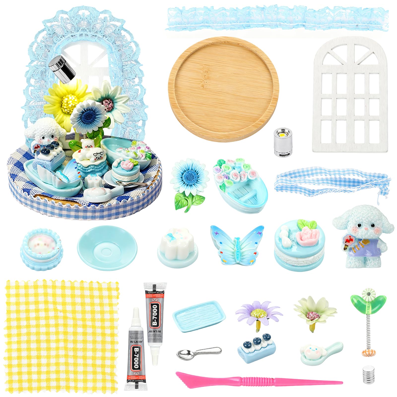 LALASTYLE Fairy Garden Miniature DIY Kit, Garden Tea Party Series with Door, Small Animals, Guitar & Afternoon Tea Set, DIY Micro Landscape Desk Ornament for Dollhouse, Succulent & Home Decor (Blue)
