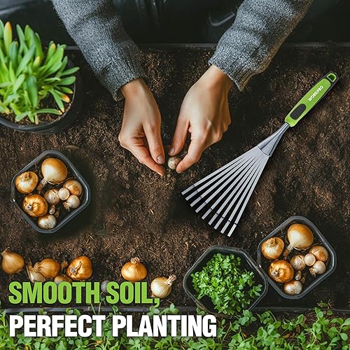 Miniatura 6 de WORKPRO Rastrillo de mano de 16 pulgadas, rastrillo de jardín de acero inoxidable resistente con mango suave, pequeña herramienta de mano de jardín