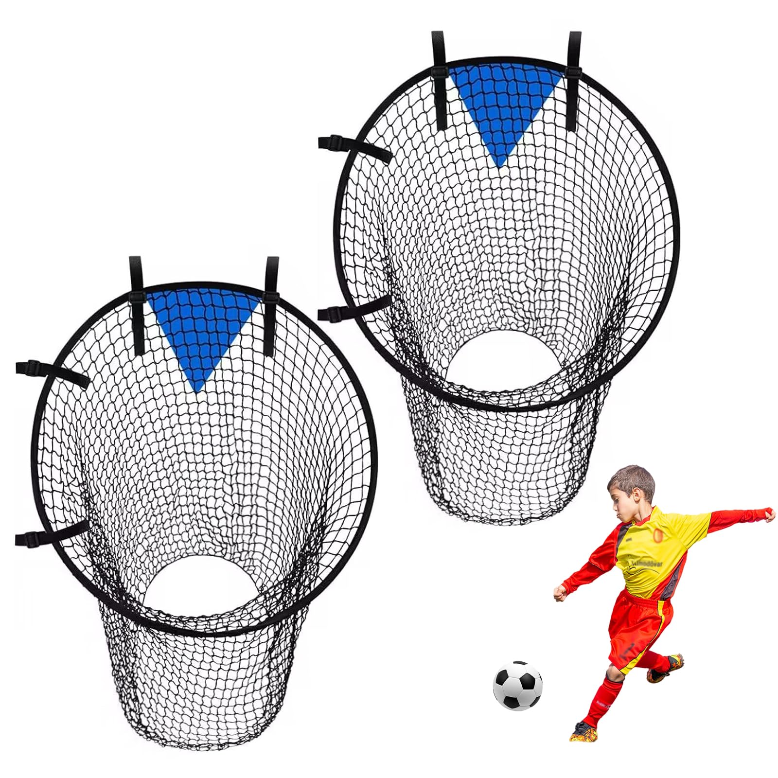 Krijues 2PCS Soccer Goal Target Nets for Shootings Accuracy Training, 21.7 Inch Diameter Soccer Targets for Goals Training with Adjustable Straps, Foldable Soccer Top Bins for Kids and Adults (Black)
