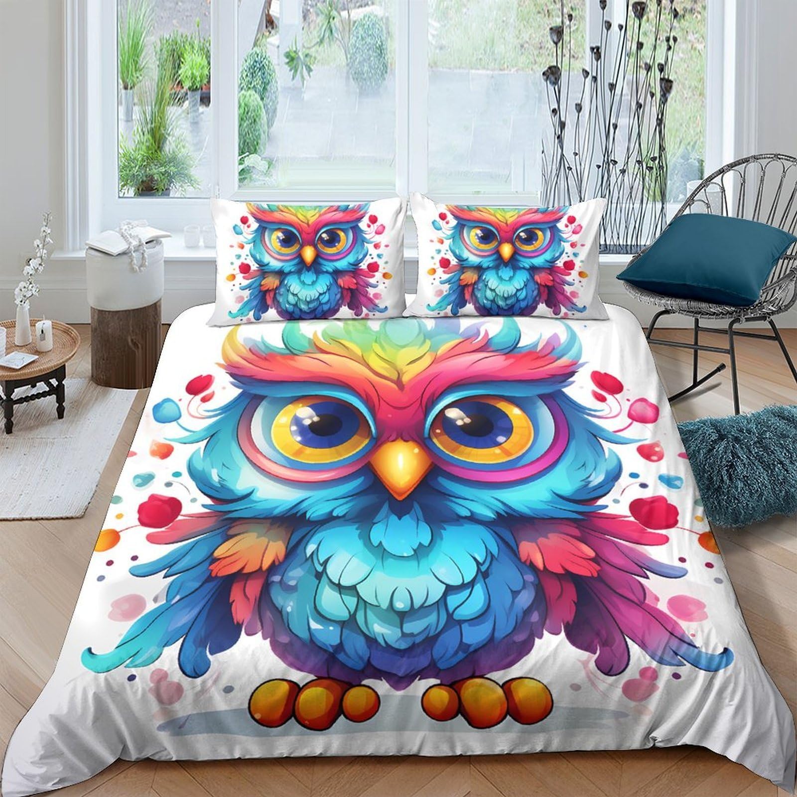Ctjqhvkz Style-2 3D Printed Colorful Owl Fitted Sheet Microfiber Soft Breathable Cartoon Birds Bed Cover For Bedroom Dorm Decor Single（135X200cm）