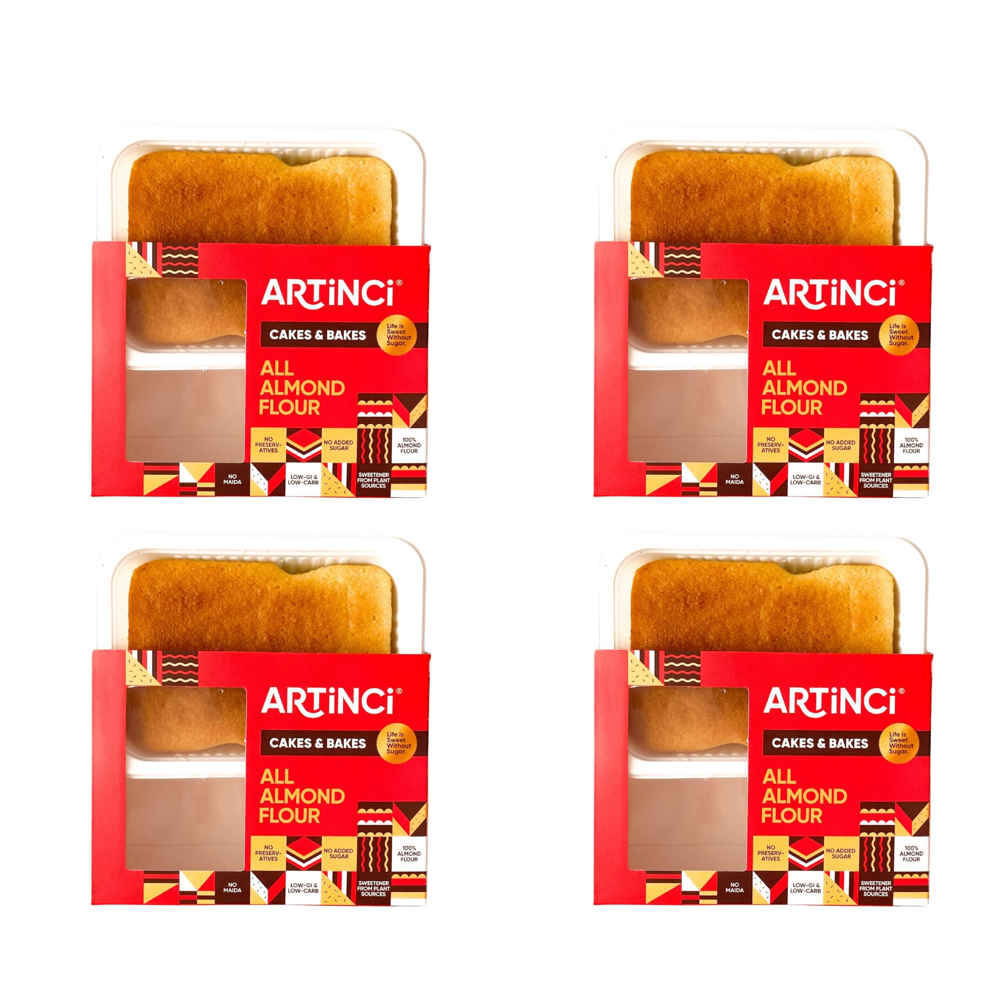 Artinci Sugar free Almond Flour Cake, Diabetic Friendly, No Maida, Gluten Free Healthy Low Carb Snack, 5.8g Protein per serving, Low GI, Keto & High Protein, 150g X Pack of 4 (12 servings)