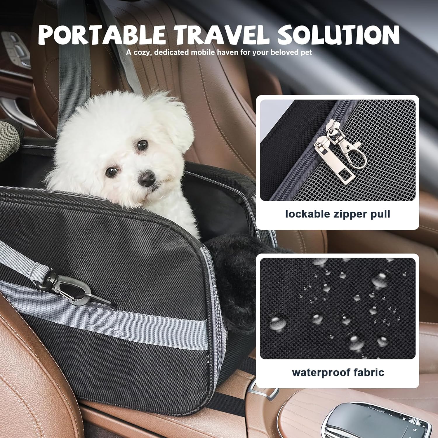 Center Console Dog Car Seat for Small Dogs,Dog Booster Car Seat with Safety Belt and Pockets,Portable Pet Armrest for Puppy Cat Under 13 lbs (Black)