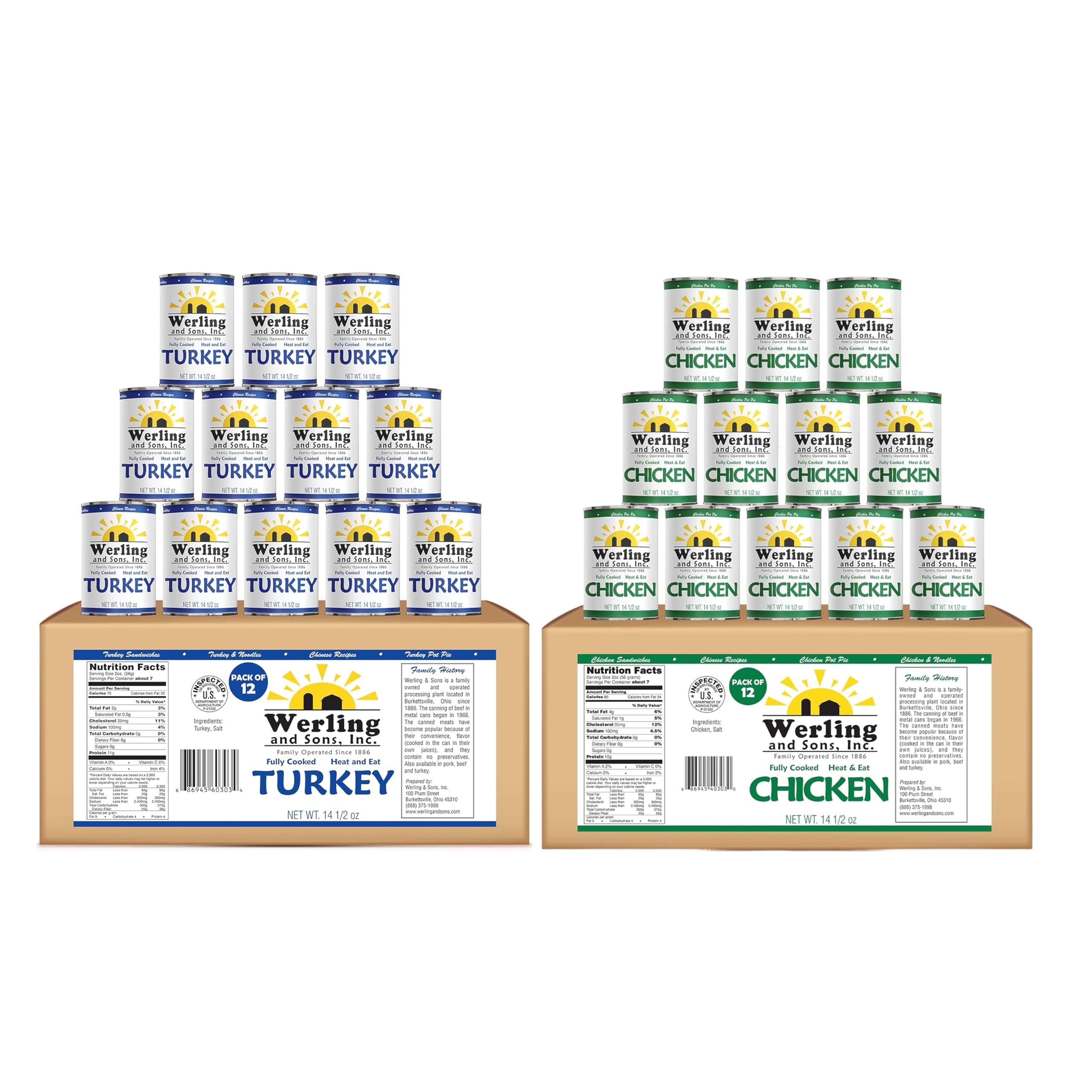 Werling Premium Canned Meat Bundle – Turkey & Chicken (14.5 oz, 12-Pack Each) – Fully Cooked, Ready-to-Eat, Shelf-Stable up to 5 Years, Convenient Protein for Quick Meals, Pantry & Camping