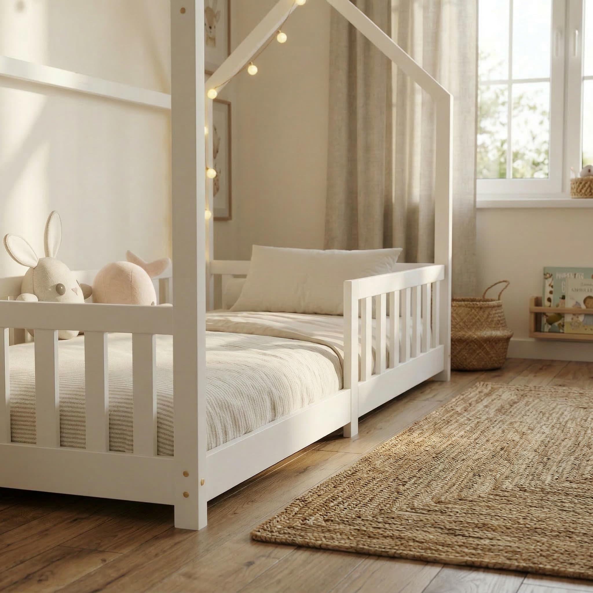 ecomi® Lettino per bambini 90x200 80x160 cm con protezione cadute e rete a doghe Bianco