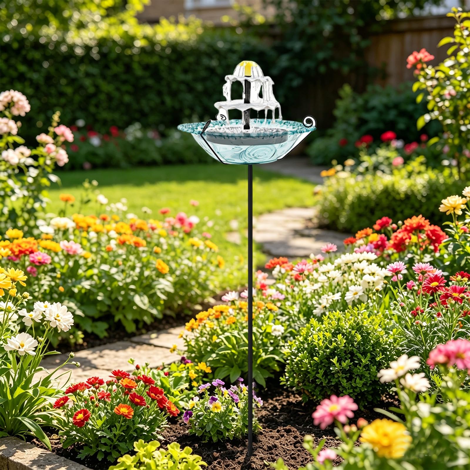 Blue-L Solar Outside Garden Birdbath Bowl With 5 Prongs Base Stake Garden Bird Drinking Station Rust-Proof Freestanding Birdbaths For Bird Watching&Garden Decoration (Blue L)