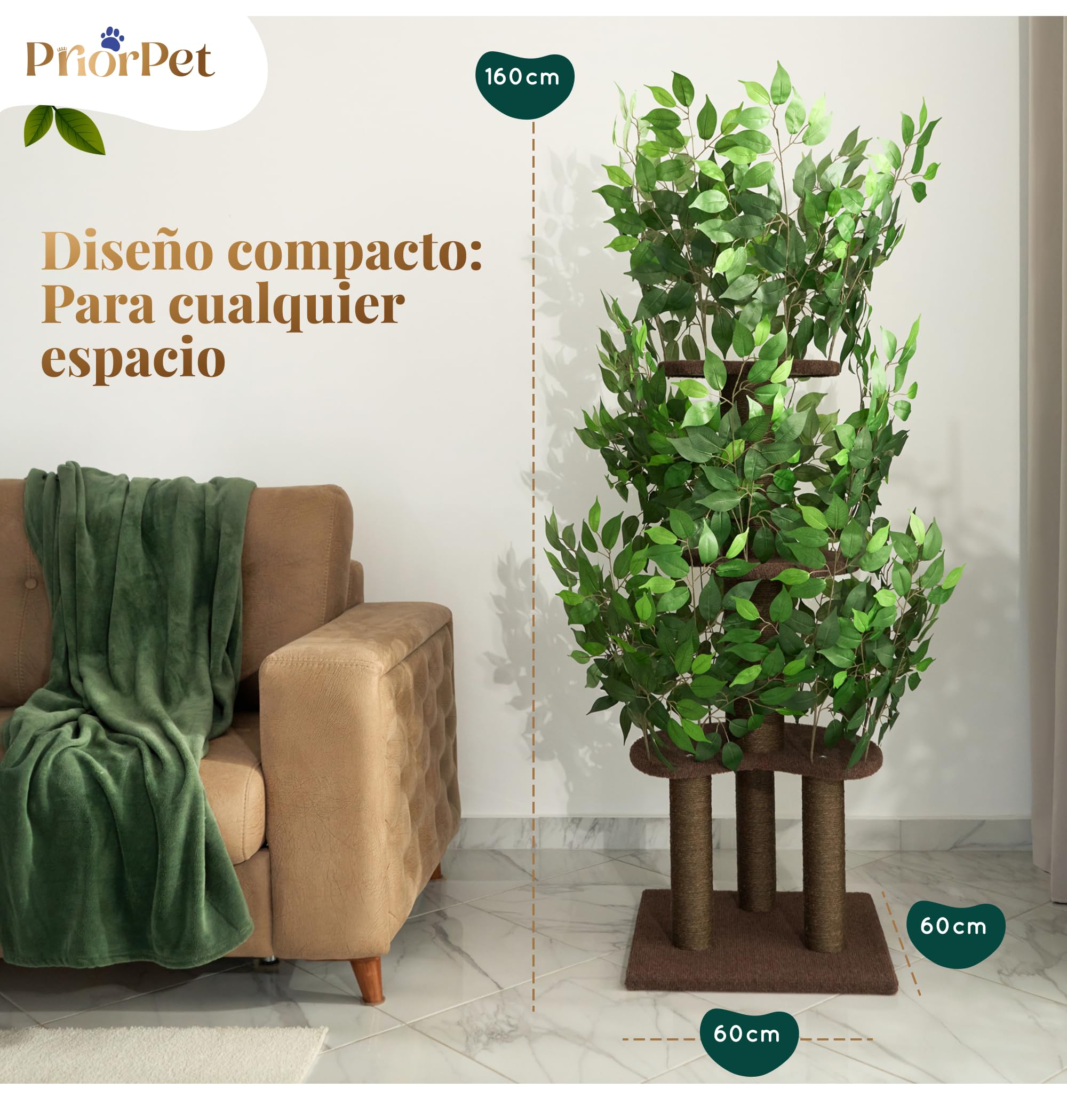 Arbol rascador con Hojas Compacto y Estable para Gatos Grandes – 4 Niveles para trepar, rascar y Descansar – Hojas seguras – Fácil Montaje – Materiales Resistentes y Aptos para Mascotas – 160CM