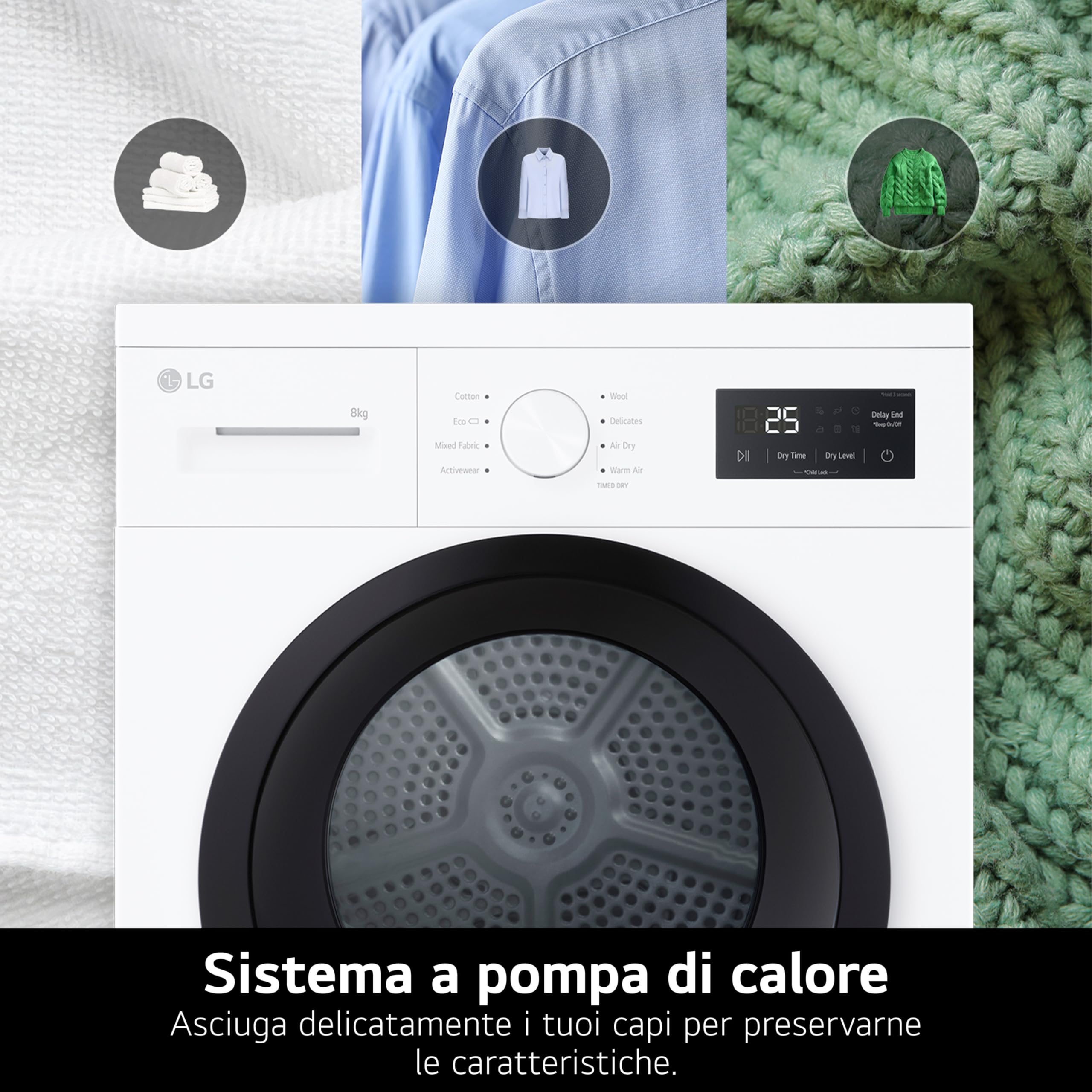 LG RNA1008NWK Asciugatrice Pompa di Calore 8 kg, Classe D, Asciugatura Delicata a Bassa Temperatura con Sensore, Serie A1, 8 Programmi, Cestello in Acciaio Galvanizzato, Bianco