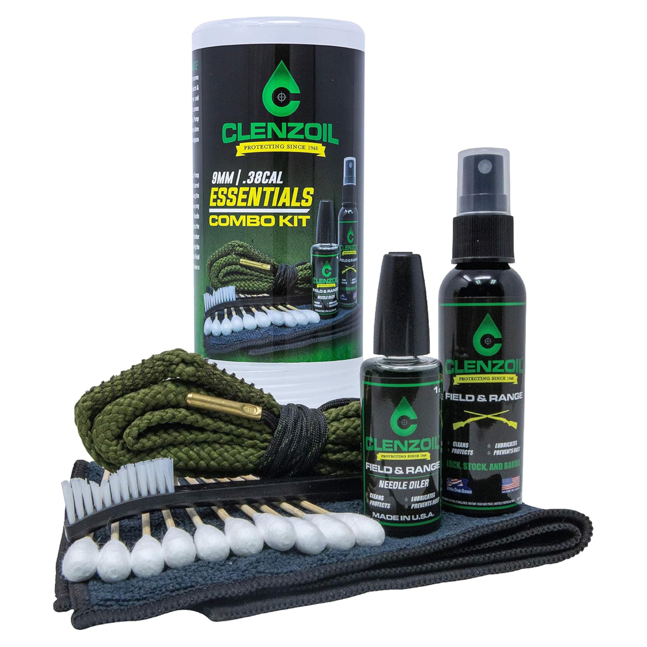 CLENZOIL Field & Range Pistol & Rifle Essentials Gun Cleaning Kit | CLP Spray & Oiler with Bore Cleaner | Clean, Lubricate & Protect | Nylon Brush, Bore Swabs & Microfiber