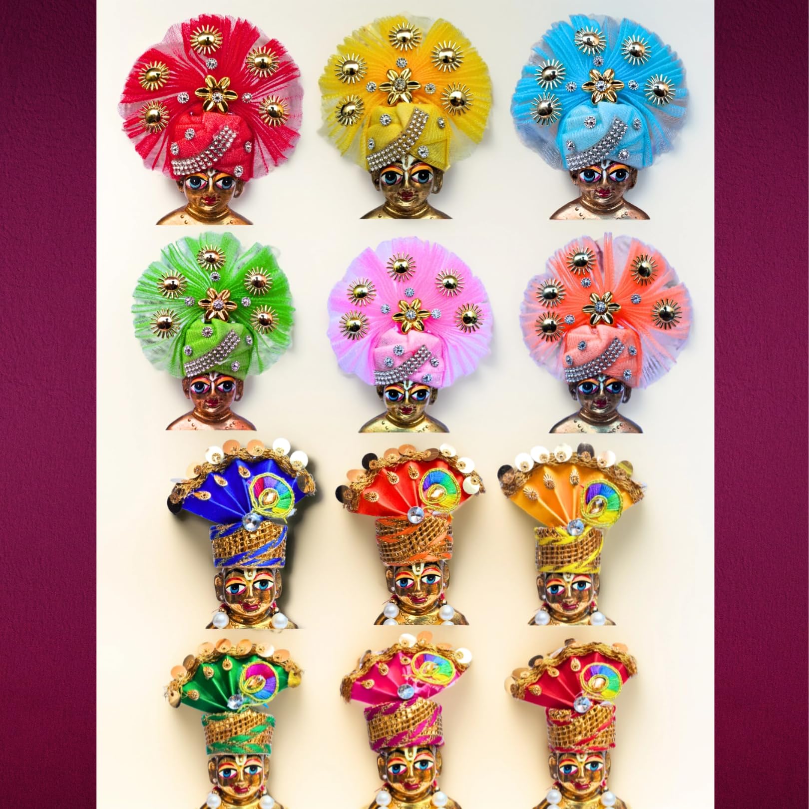 Laddu Gopal Pagdi Set | Combo Pack of 12 Turban | Thakur ji | kanha ji Accessories | Mukut Set | Multicolor Embellished Traditional Headwear (Multicolor, Size 0)-image-5