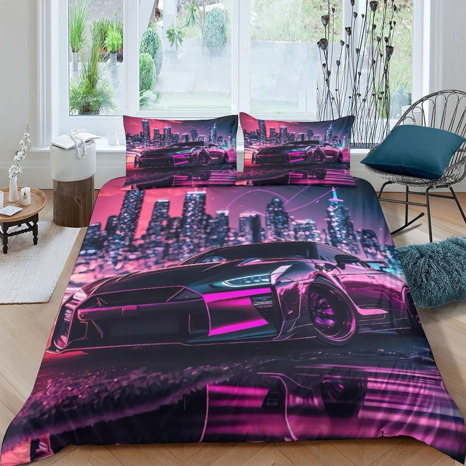Ctjqhvkz Style-6 3D Printed Neon Cityscape Fitted Sheet Microfiber Soft Breathable Sports Car Bed Cover For Bedroom Dorm Decor Single（135X200cm）