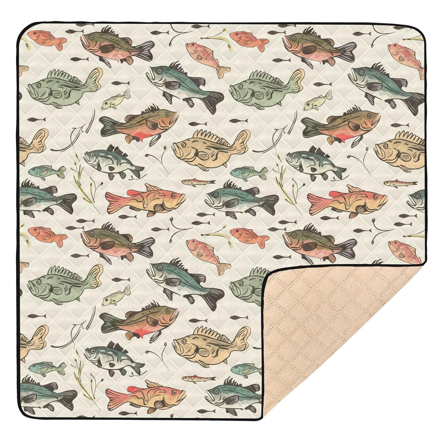 Baby Play Mat Vintage Bass Fishes 50 x 50 Playpen Mats for Floor Play Gym Crawling Mat Non-Slip Cushioned Baby Playmat for Infants, Babies, Toddlers